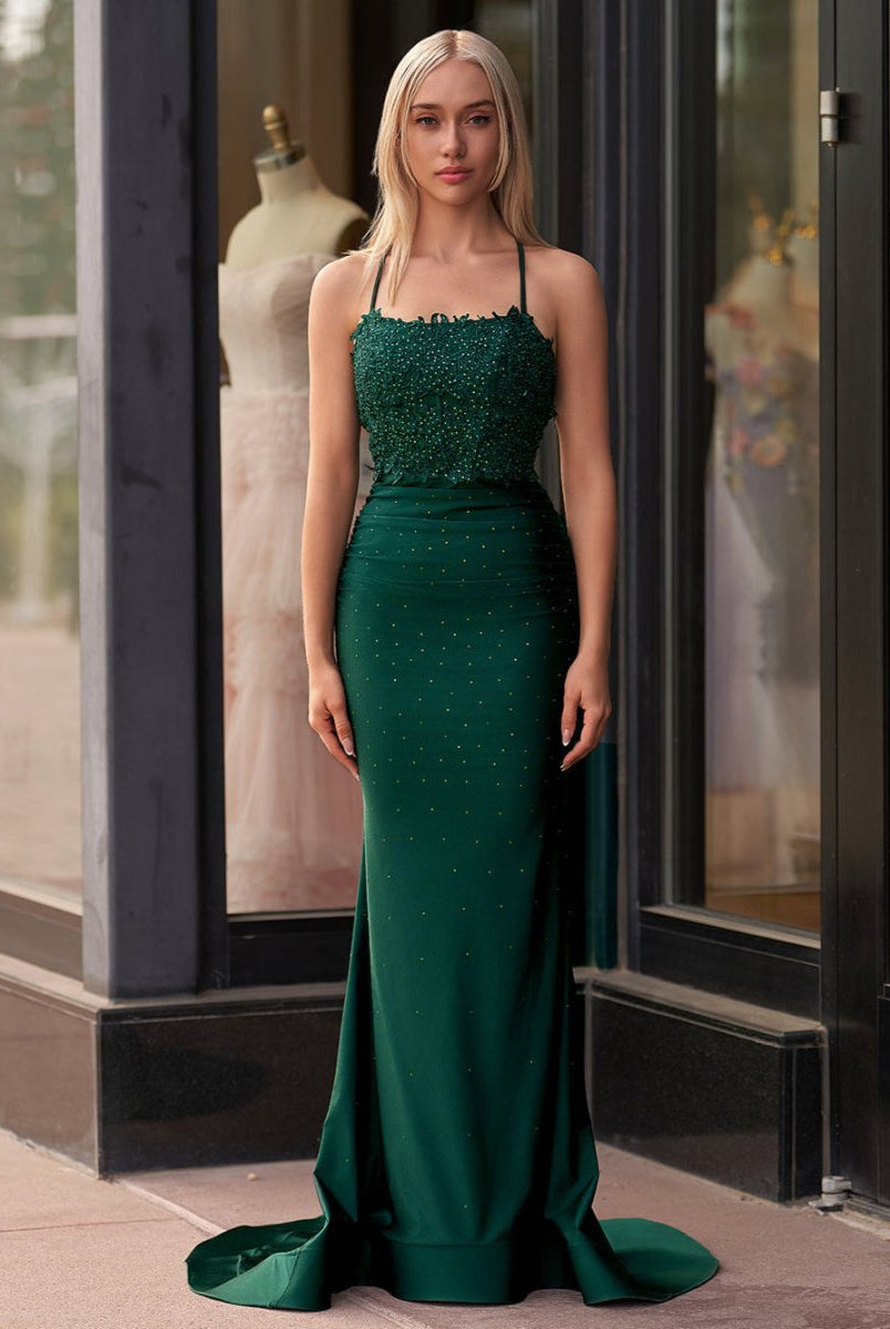 Jimena | Mermaid Spaghetti Straps Dark Green Long Prom Dress with Appliques - KissProm
