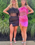 Mesh Strapless Ruching Short Homecoming Dress with Feathers