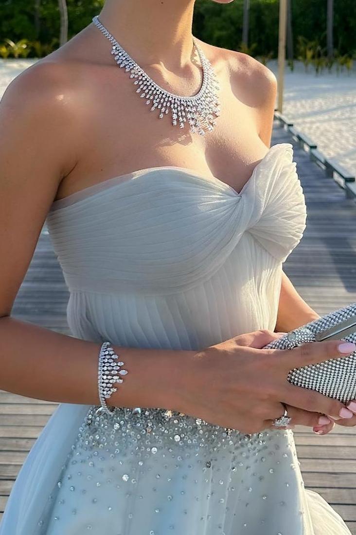 Strapless A-Line Tulle Long Prom Dress With Beading