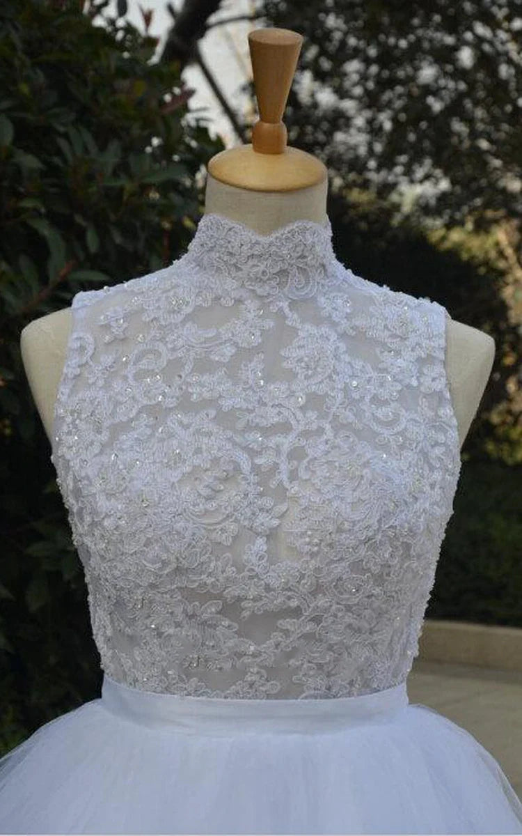 Mini Knee-Length Tulle Lace Dress With Beading Keyhole Back