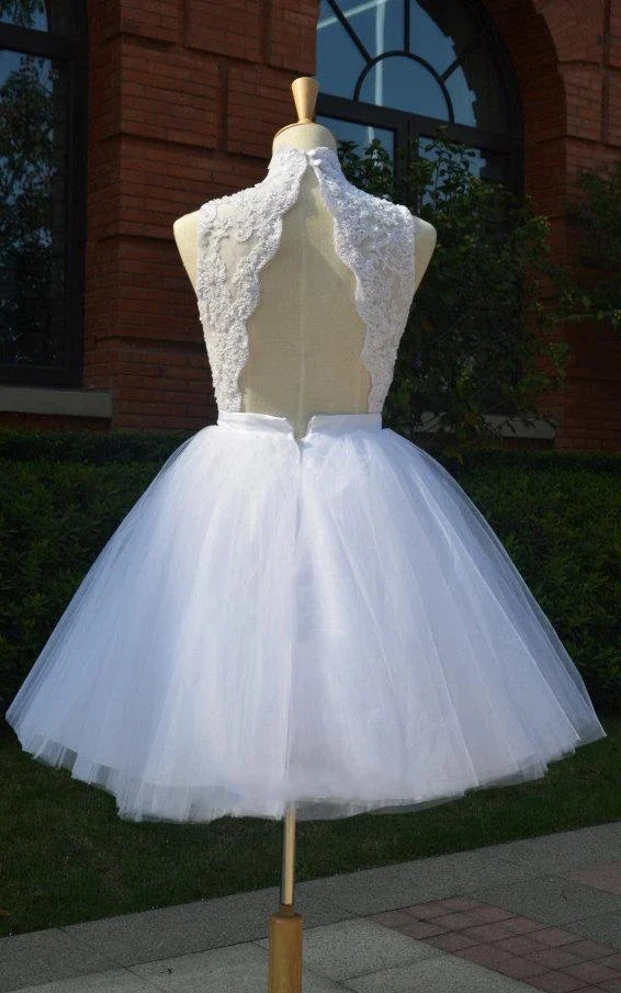 Mini Knee-Length Tulle Lace Dress With Beading Keyhole Back