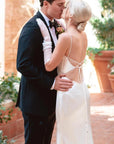 Modern Mermaid Spaghetti Charmeuse Wedding Dress With Chapel Train And Tied Back