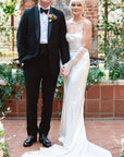 Modern Mermaid Spaghetti Charmeuse Wedding Dress With Chapel Train And Tied Back