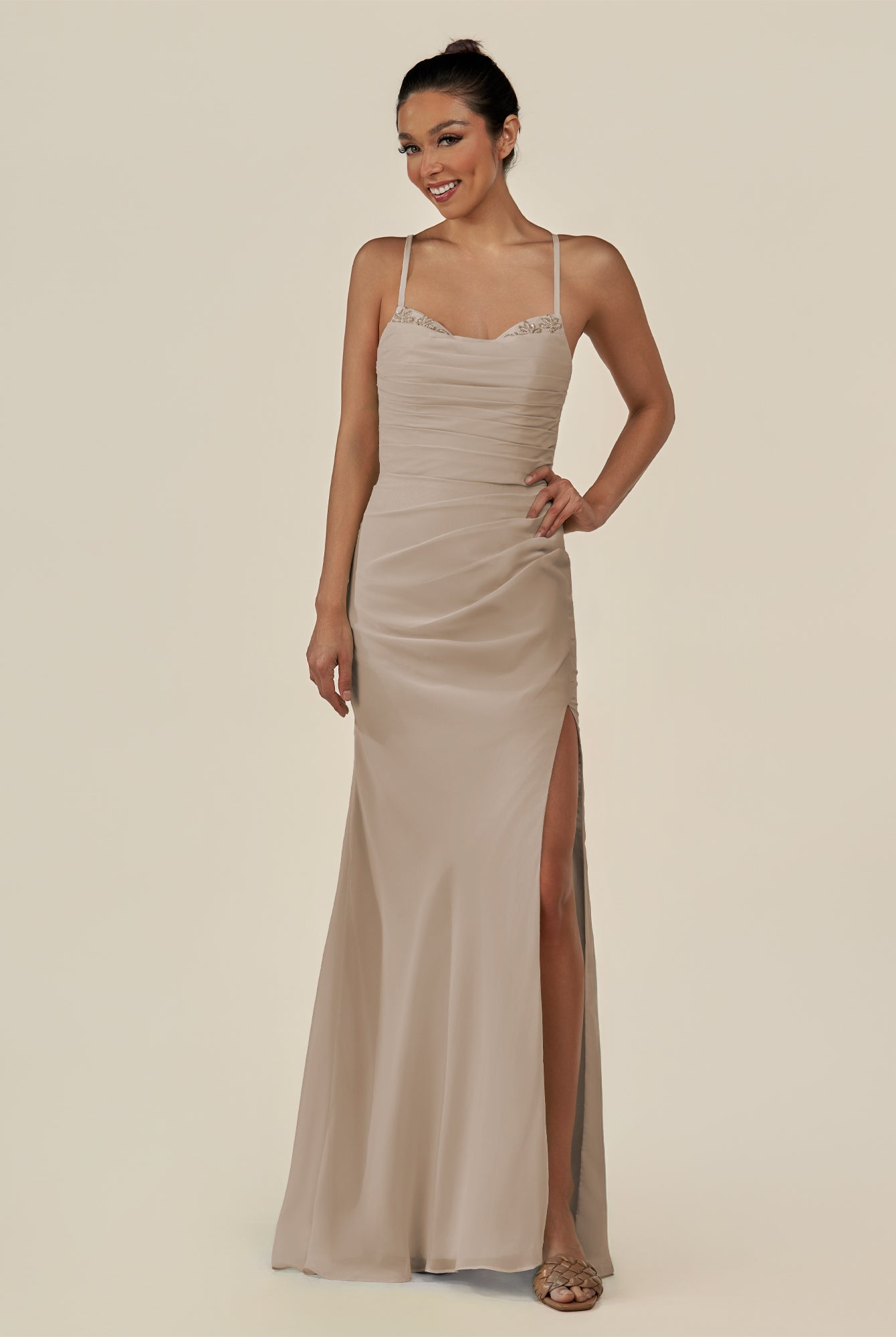 KissDress-Myka Almond Sheath Chiffon Spaghetti Straps Long Bridesmaid Dress with Sequins