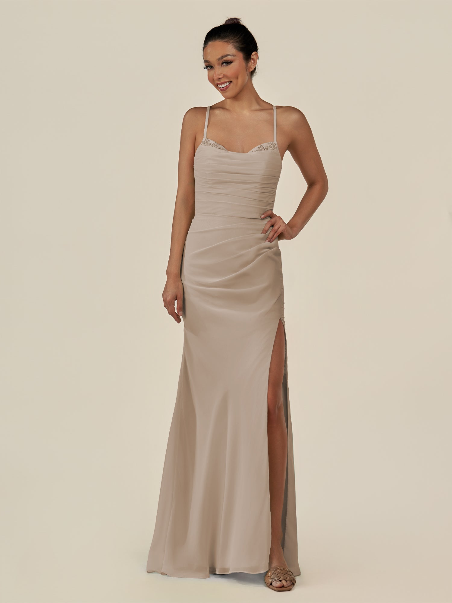 KissDress-Myka Almond Sheath Chiffon Spaghetti Straps Long Bridesmaid Dress with Sequins