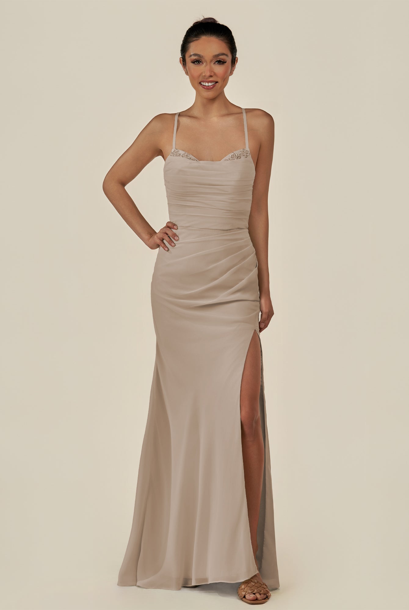 KissDress-Myka Almond Sheath Chiffon Spaghetti Straps Long Bridesmaid Dress with Sequins