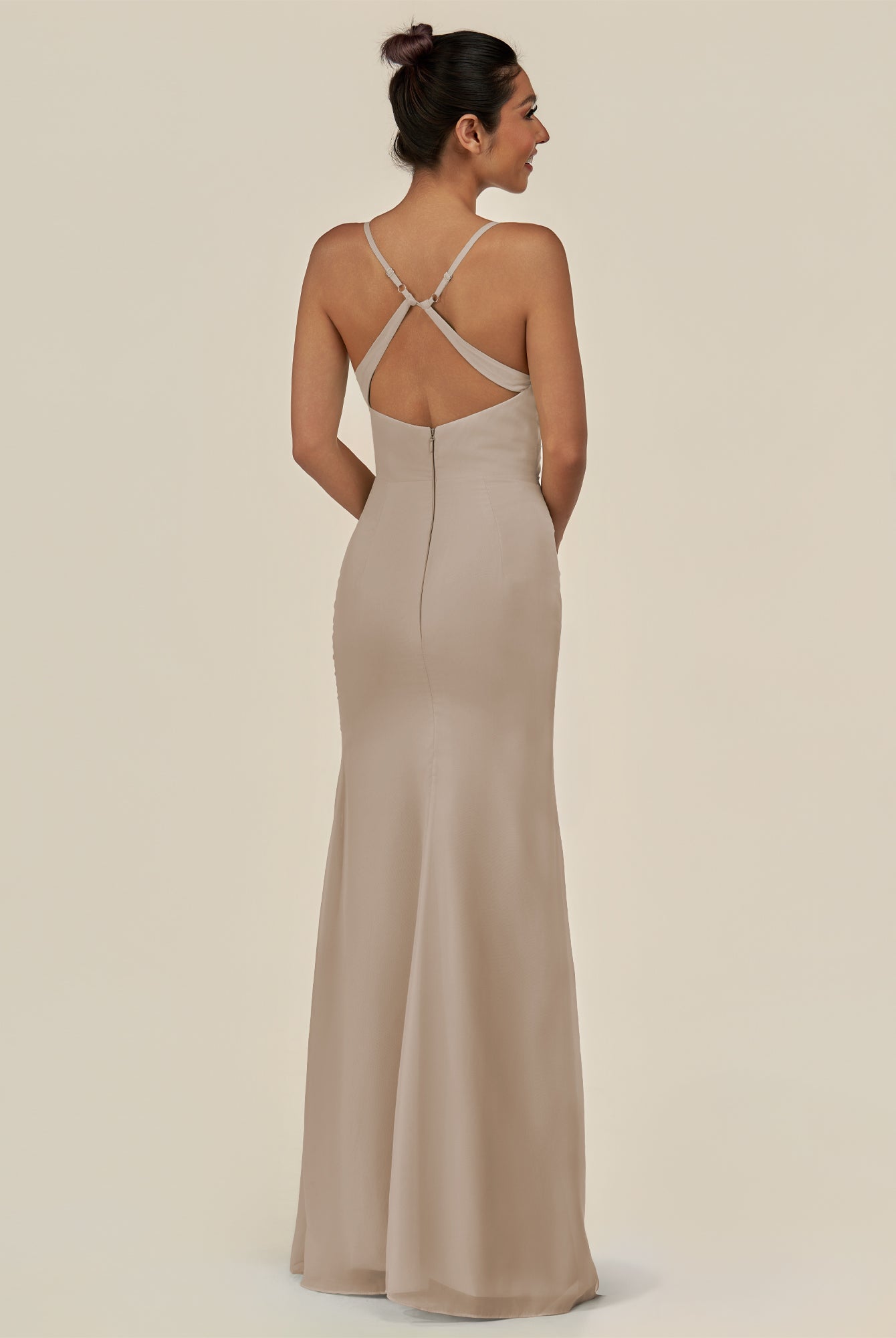 KissDress-Myka Almond Sheath Chiffon Spaghetti Straps Long Bridesmaid Dress with Sequins