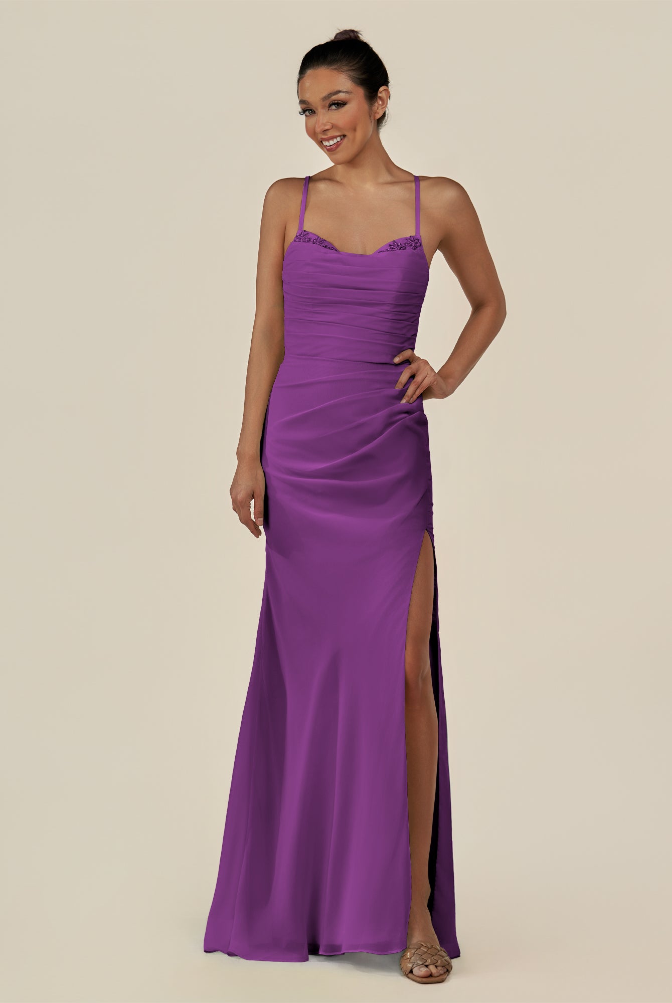 KissDress-Myka Amethyst Sheath Chiffon Spaghetti Straps Long Bridesmaid Dress with Sequins