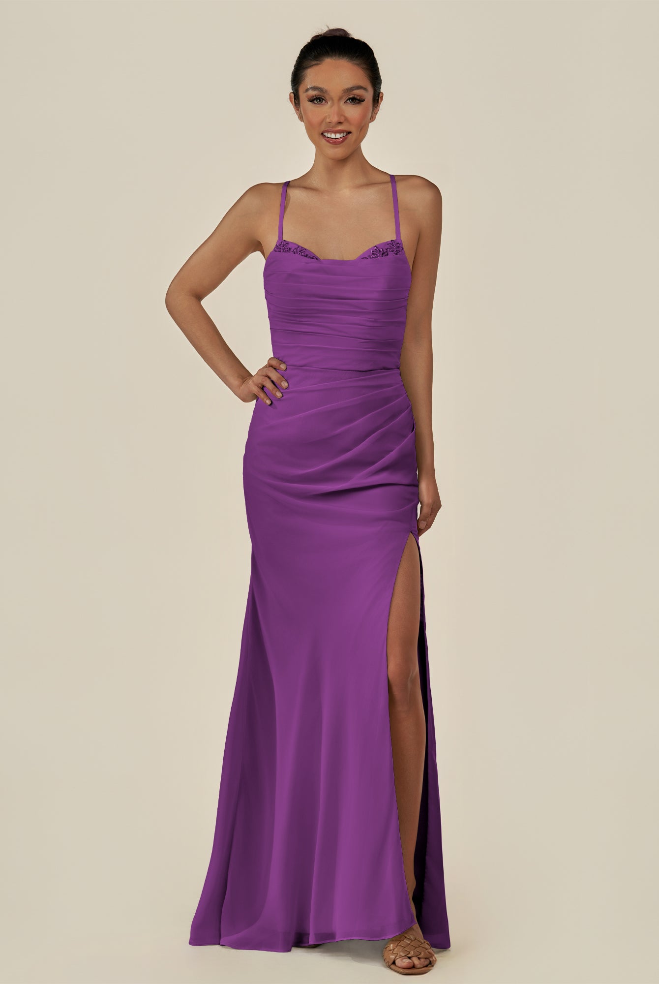 KissDress-Myka Amethyst Sheath Chiffon Spaghetti Straps Long Bridesmaid Dress with Sequins
