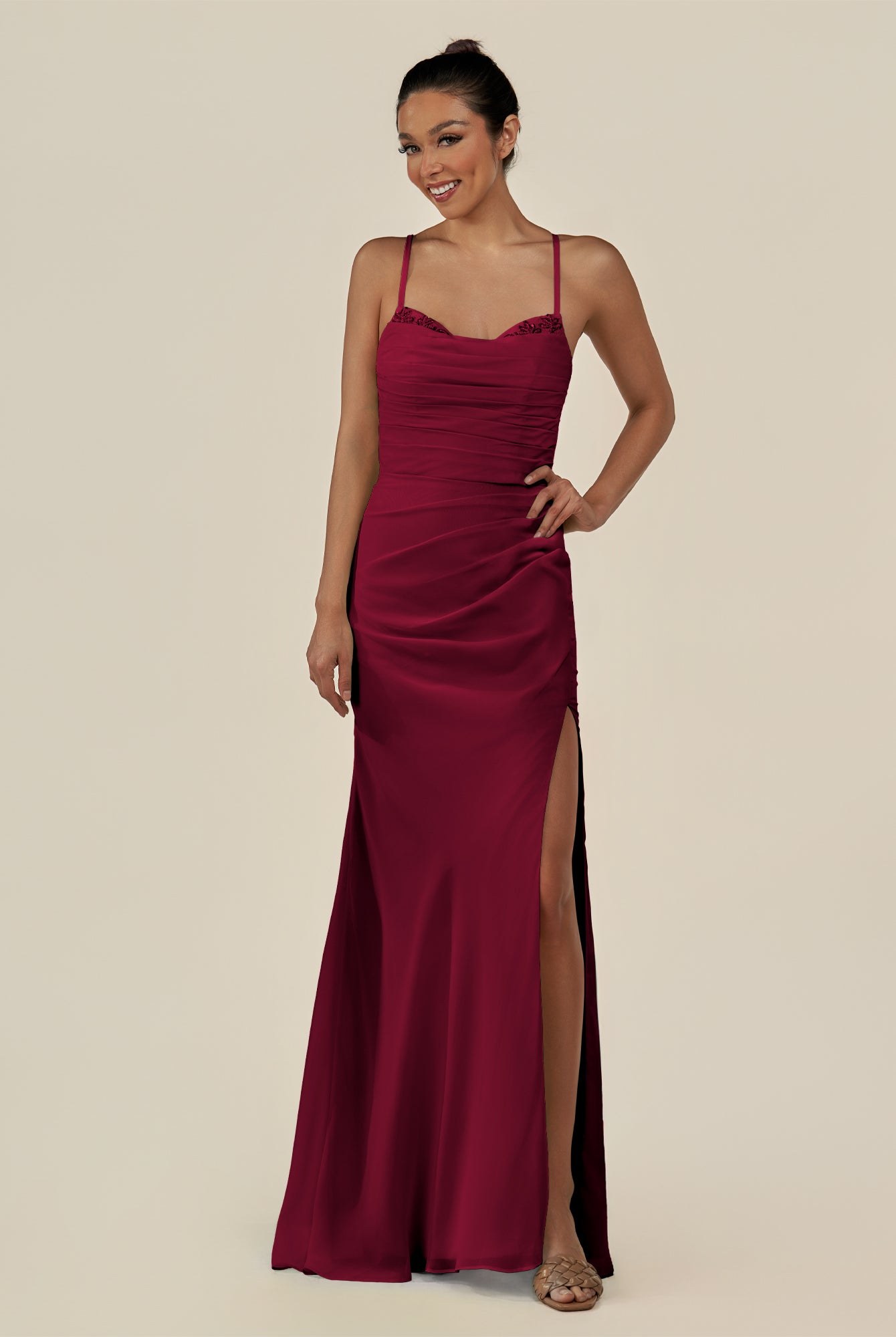 KissDress-Myka Berry Sheath Chiffon Spaghetti Straps Long Bridesmaid Dress with Sequins
