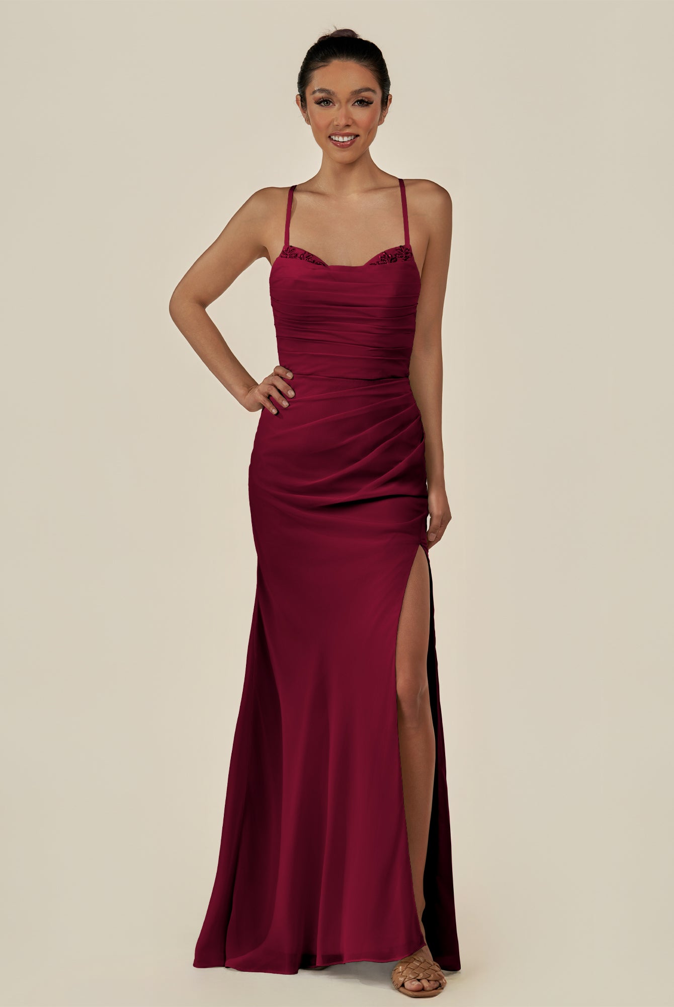 KissDress-Myka Berry Sheath Chiffon Spaghetti Straps Long Bridesmaid Dress with Sequins