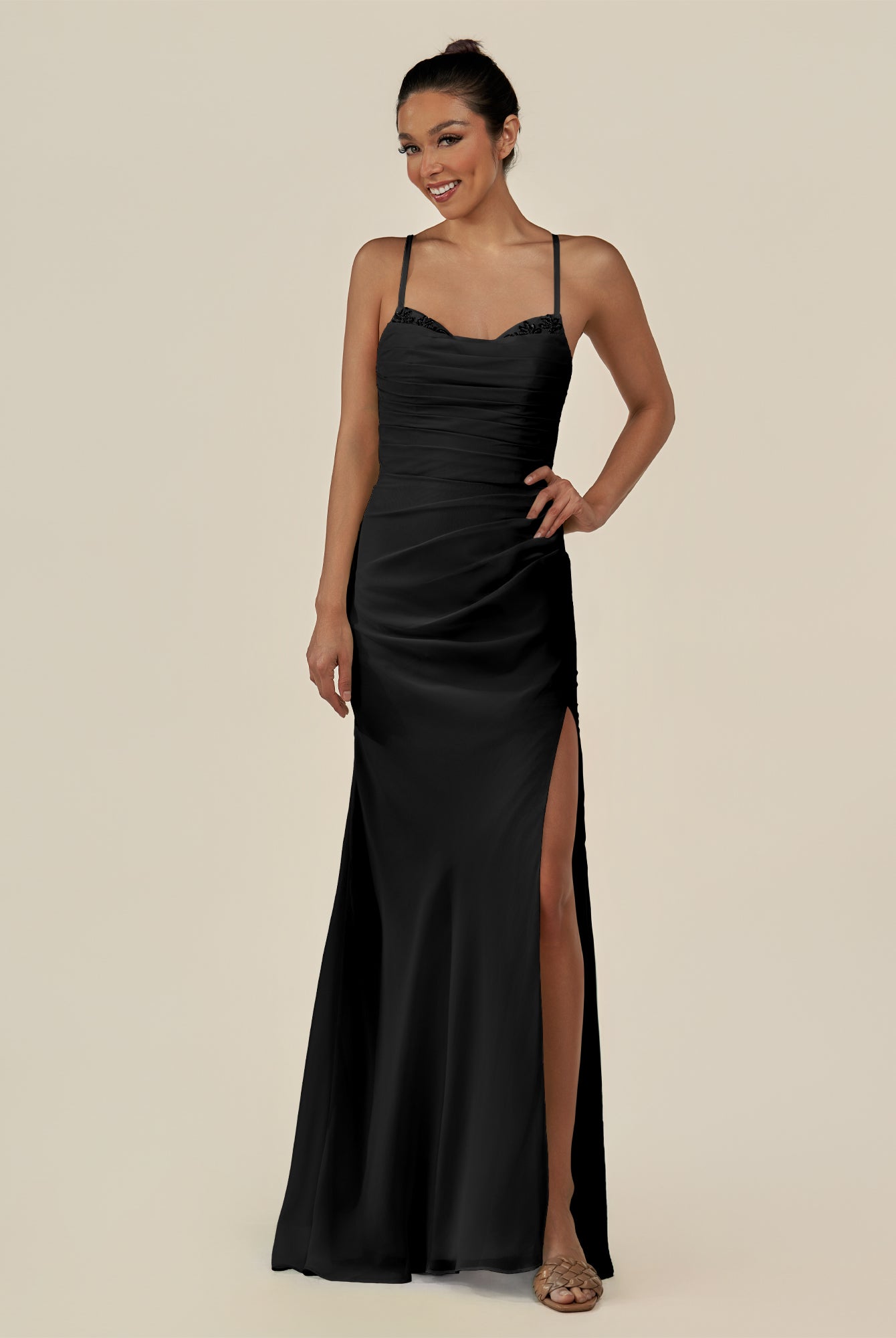KissDress-Myka Black Sheath Chiffon Spaghetti Straps Long Bridesmaid Dress with Sequins