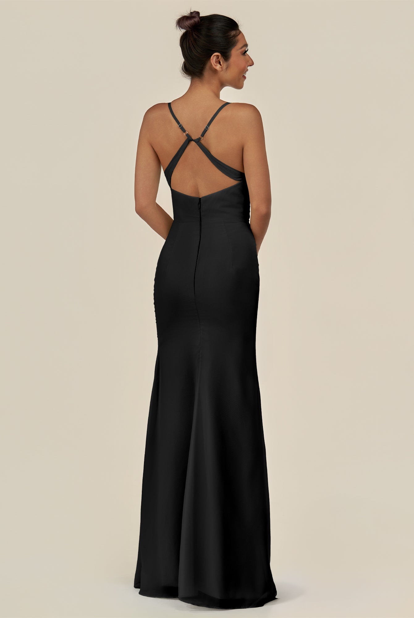 KissDress-Myka Black Sheath Chiffon Spaghetti Straps Long Bridesmaid Dress with Sequins