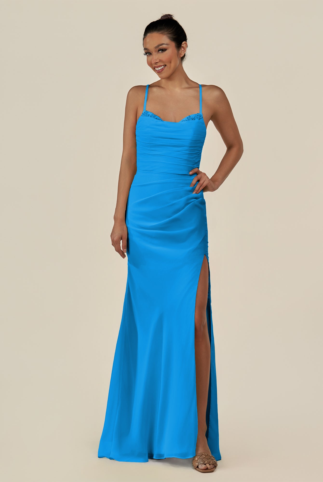 KissDress-Myka Blue Jay Sheath Chiffon Spaghetti Straps Long Bridesmaid Dress with Sequins