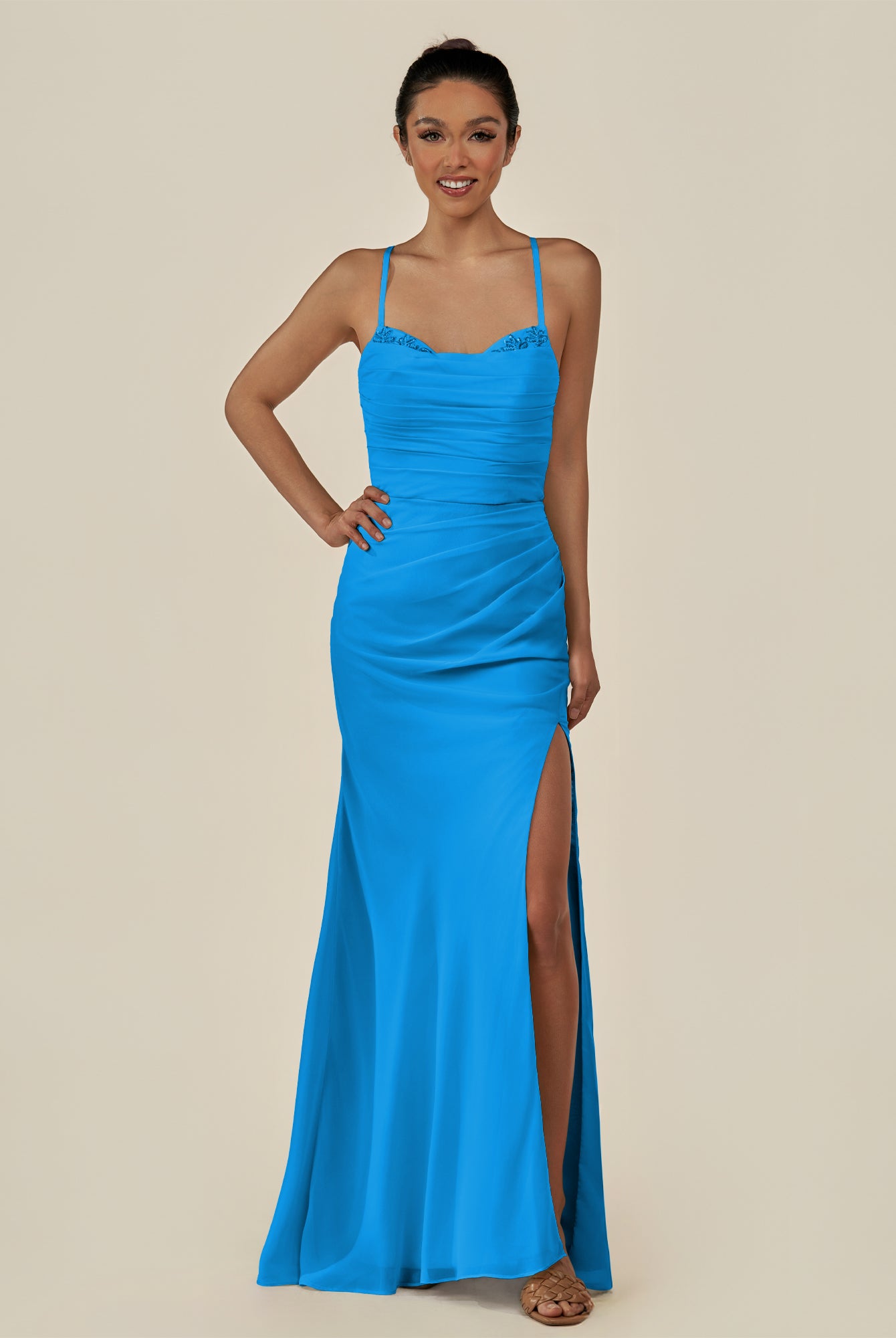 KissDress-Myka Blue Jay Sheath Chiffon Spaghetti Straps Long Bridesmaid Dress with Sequins