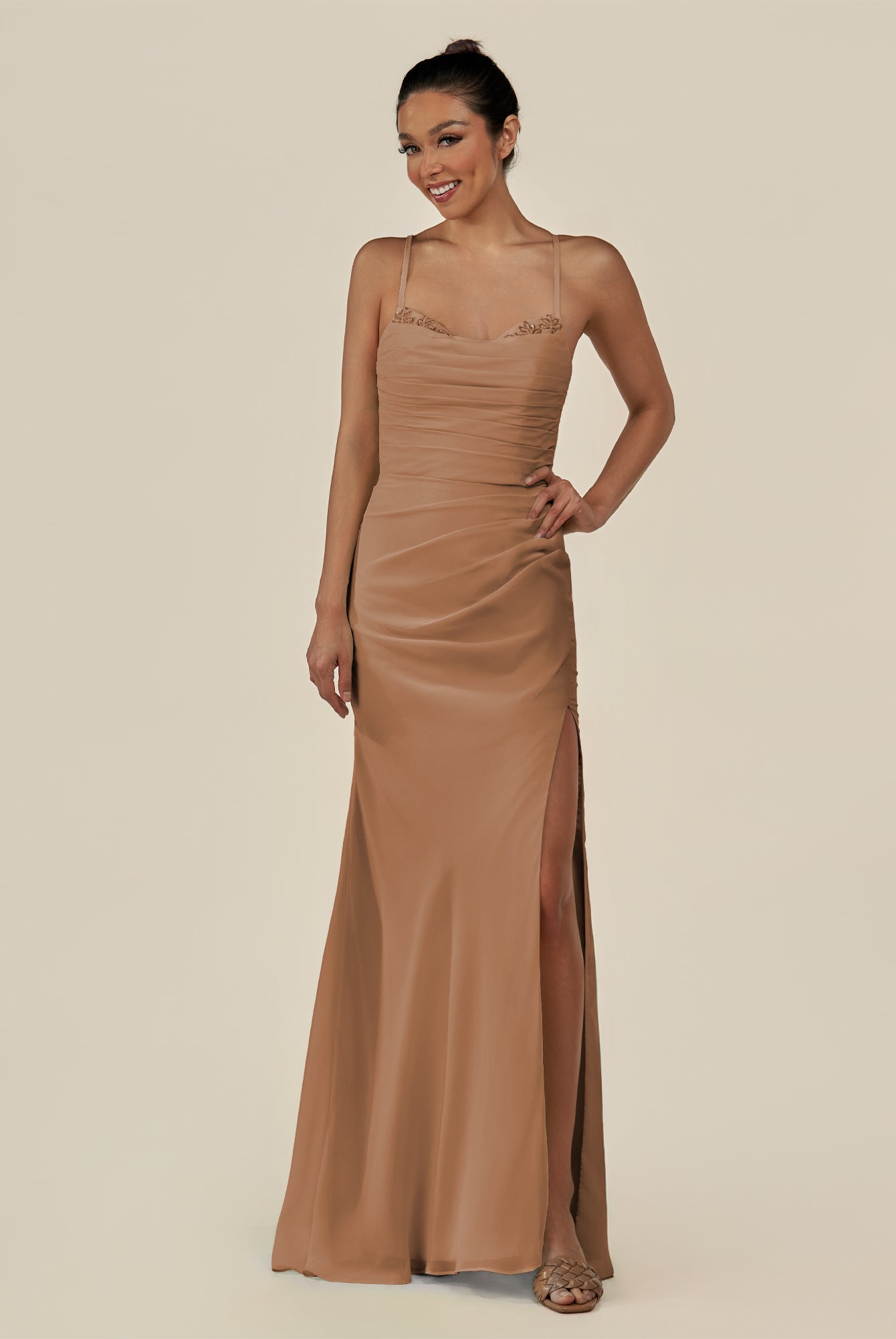KissDress-Myka Bronzer Sheath Chiffon Spaghetti Straps Long Bridesmaid Dress with Sequins