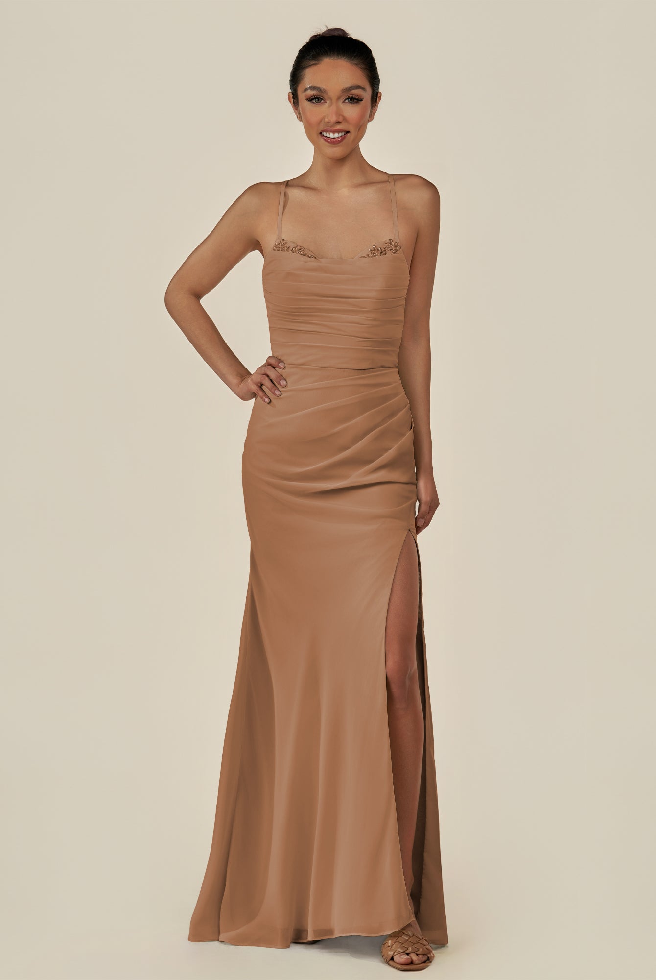 KissDress-Myka Bronzer Sheath Chiffon Spaghetti Straps Long Bridesmaid Dress with Sequins
