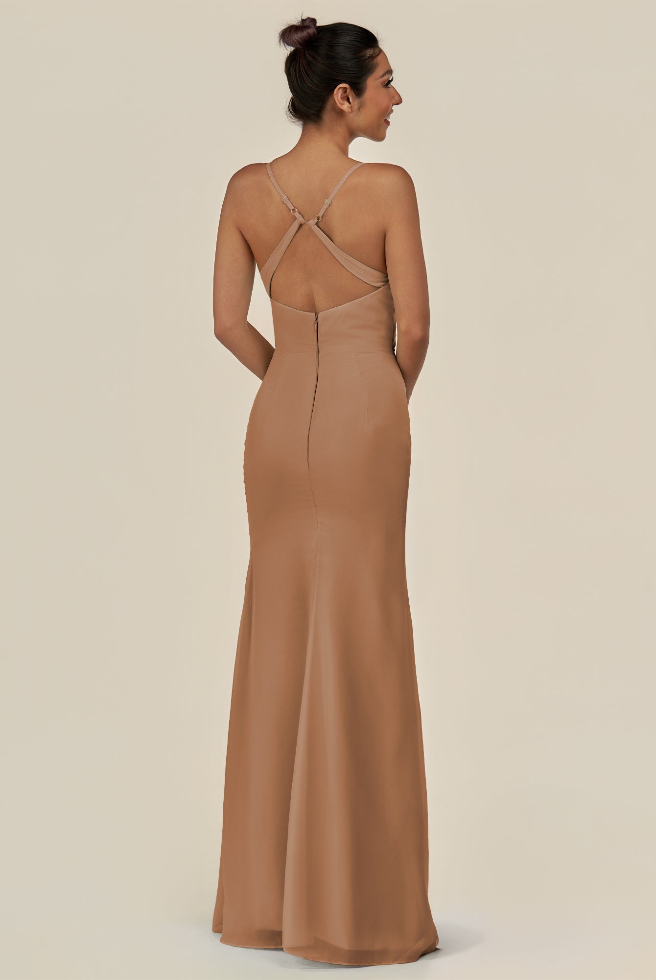 KissDress-Myka Bronzer Sheath Chiffon Spaghetti Straps Long Bridesmaid Dress with Sequins