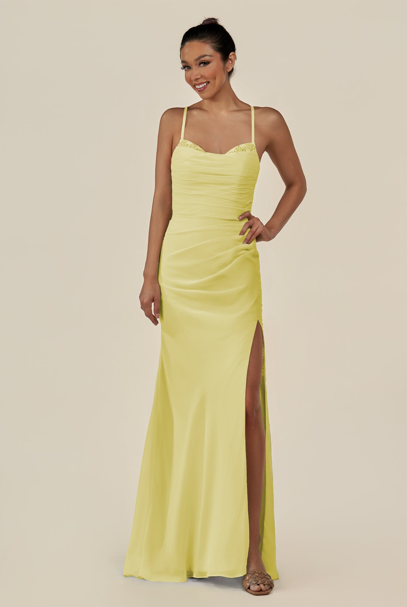 KissDress-Myka Buttercup Sheath Chiffon Spaghetti Straps Long Bridesmaid Dress with Sequins