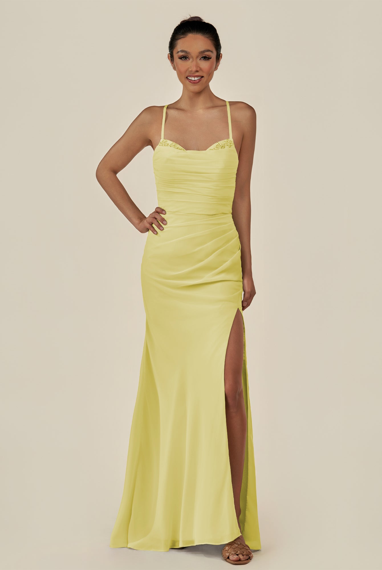 KissDress-Myka Buttercup Sheath Chiffon Spaghetti Straps Long Bridesmaid Dress with Sequins