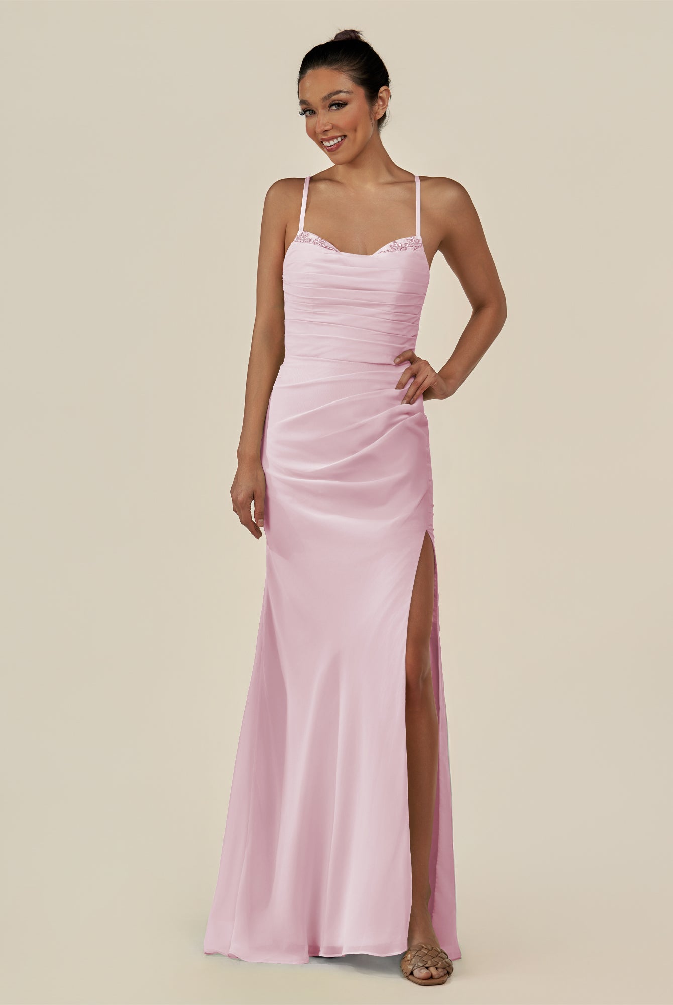 KissDress-Myka Candy Pink Sheath Chiffon Spaghetti Straps Long Bridesmaid Dress with Sequins