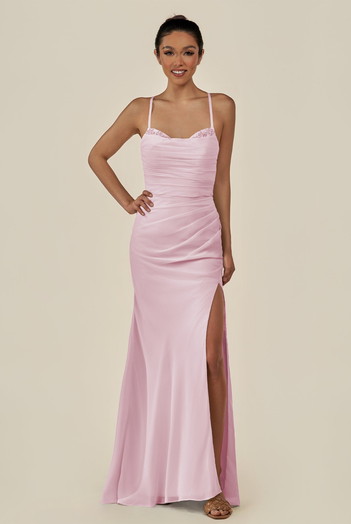 KissDress-Myka Candy Pink Sheath Chiffon Spaghetti Straps Long Bridesmaid Dress with Sequins