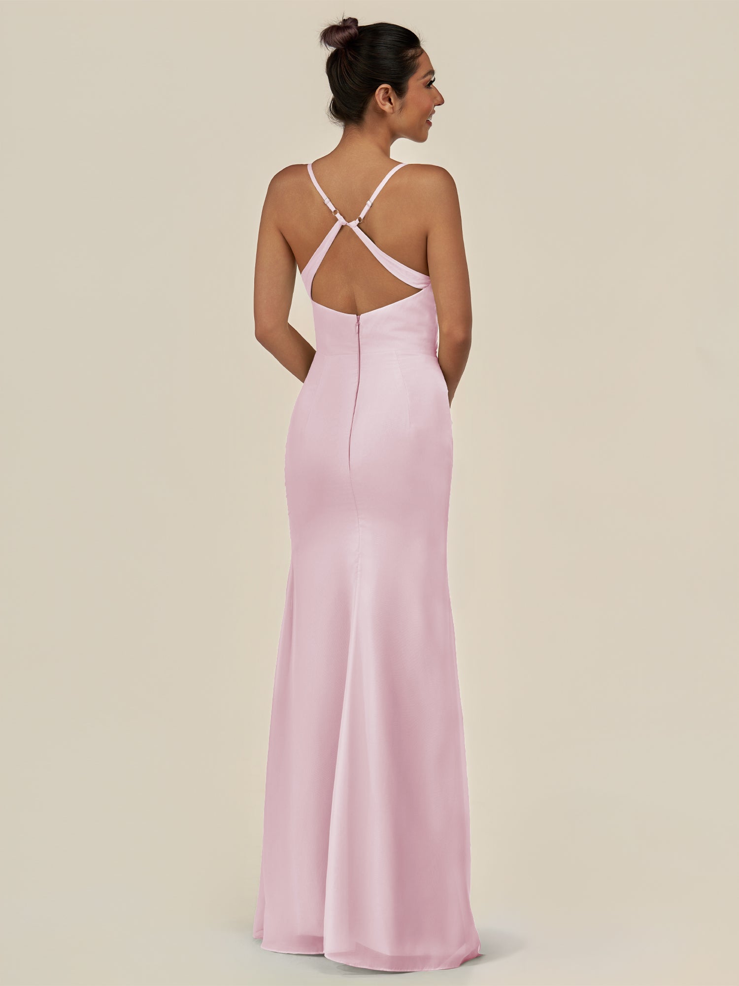 KissDress-Myka Candy Pink Sheath Chiffon Spaghetti Straps Long Bridesmaid Dress with Sequins