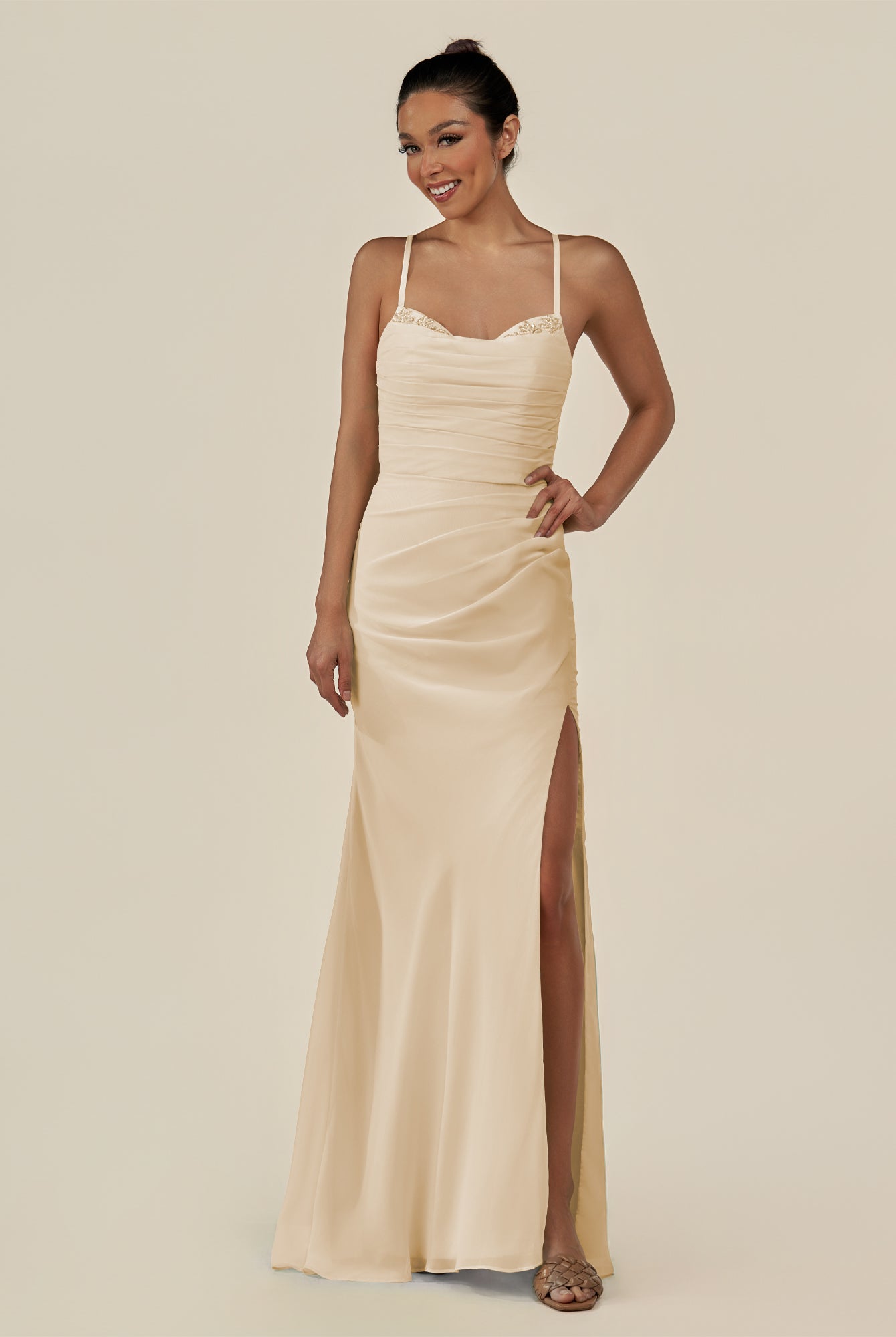 KissDress-Myka Champagne Sheath Chiffon Spaghetti Straps Long Bridesmaid Dress with Sequins
