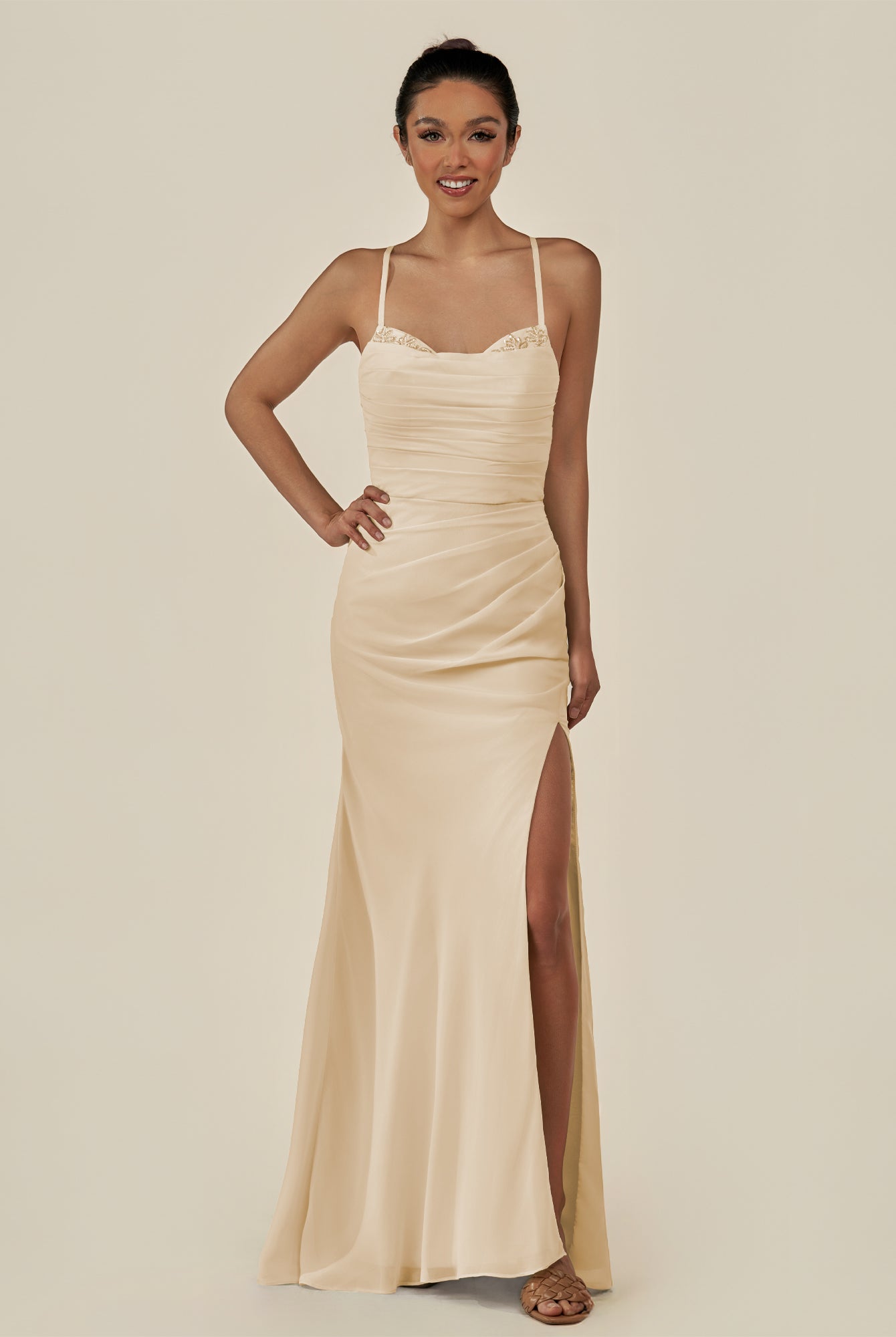 KissDress-Myka Champagne Sheath Chiffon Spaghetti Straps Long Bridesmaid Dress with Sequins