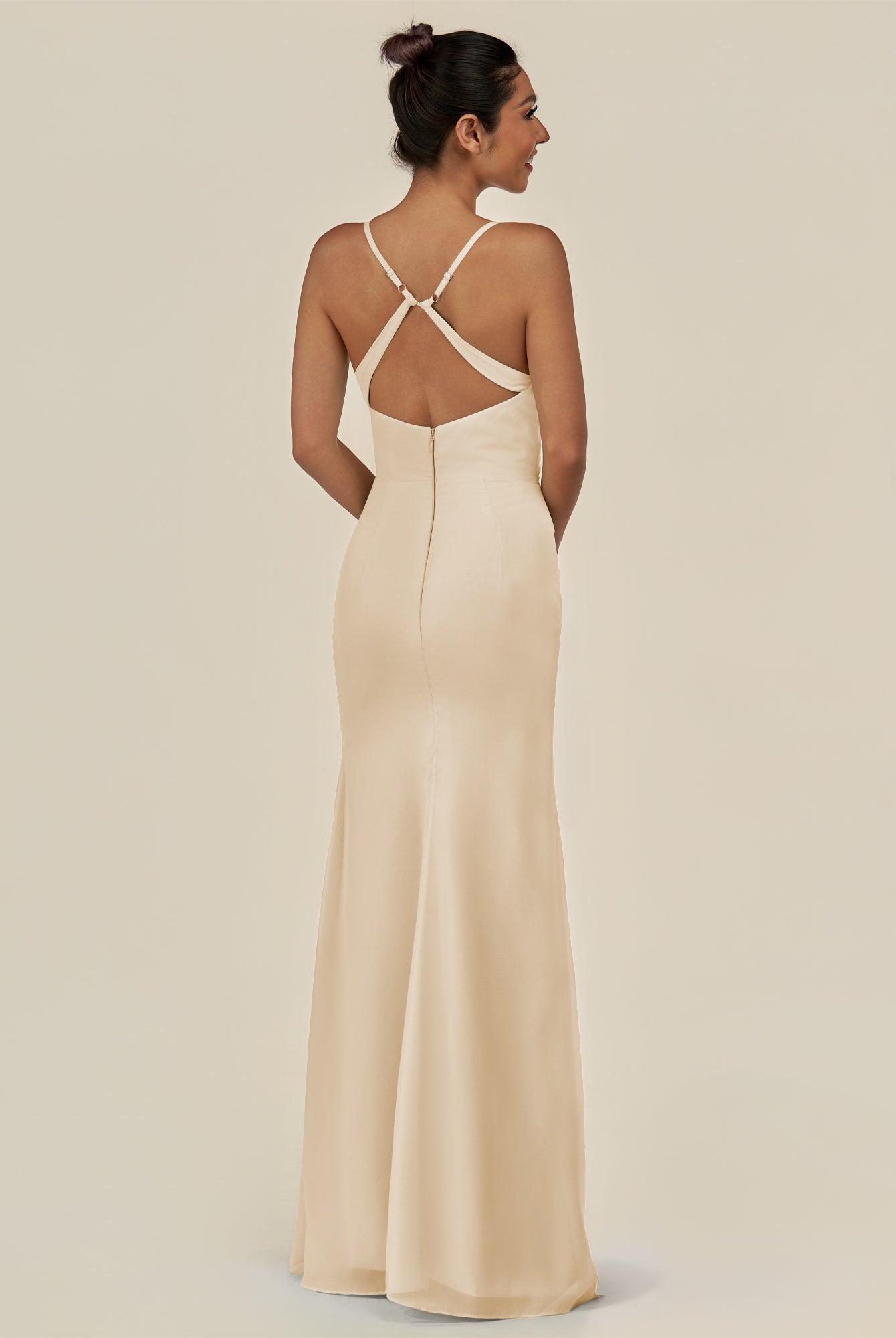 KissDress-Myka Champagne Sheath Chiffon Spaghetti Straps Long Bridesmaid Dress with Sequins