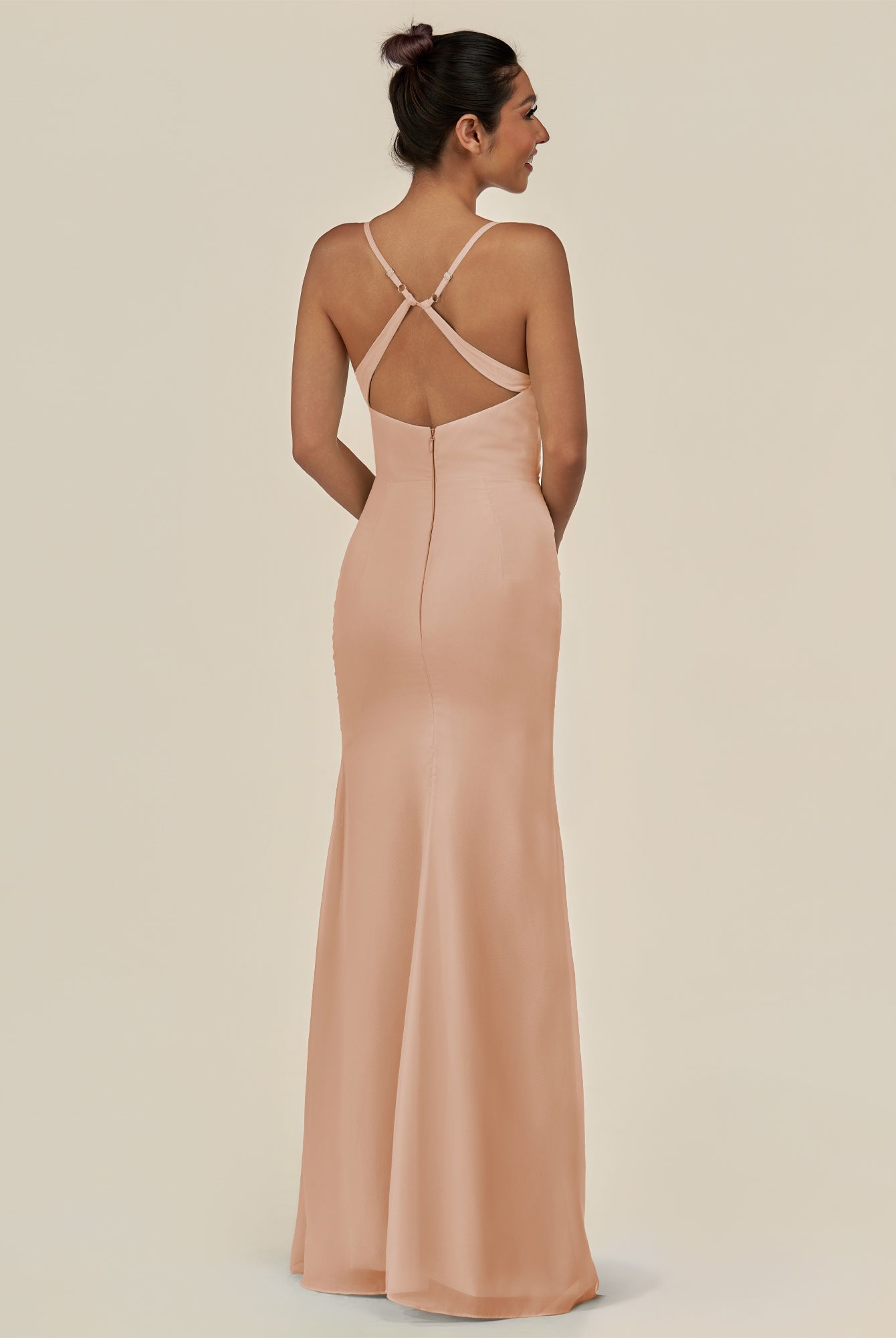 KissDress-Myka Champagne Rose Sheath Chiffon Spaghetti Straps Long Bridesmaid Dress with Sequins