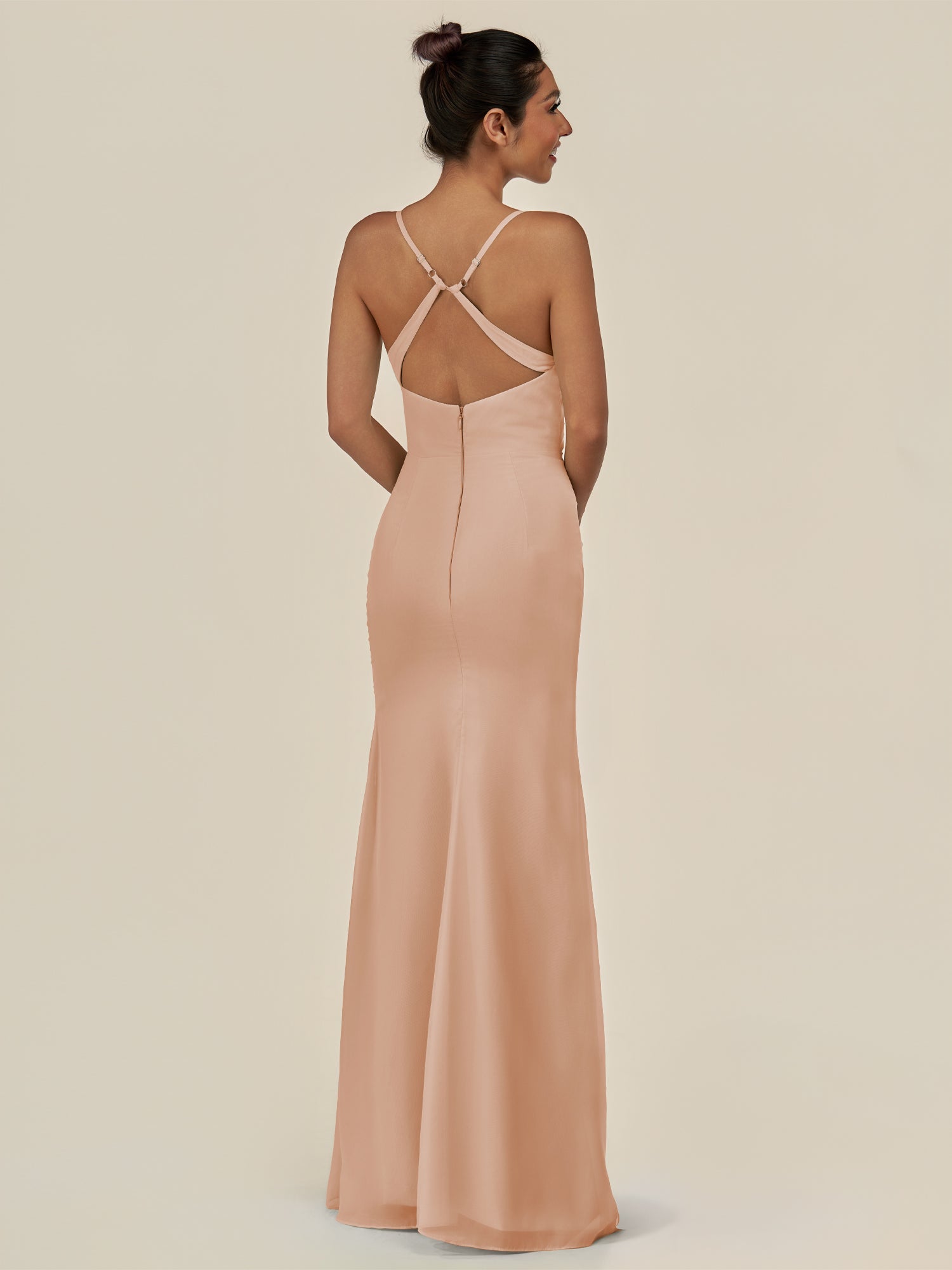 KissDress-Myka Champagne Rose Sheath Chiffon Spaghetti Straps Long Bridesmaid Dress with Sequins