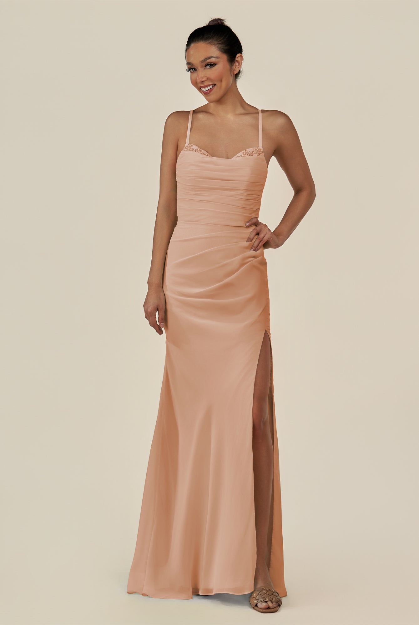 KissDress-Myka Champagne Rose Sheath Chiffon Spaghetti Straps Long Bridesmaid Dress with Sequins