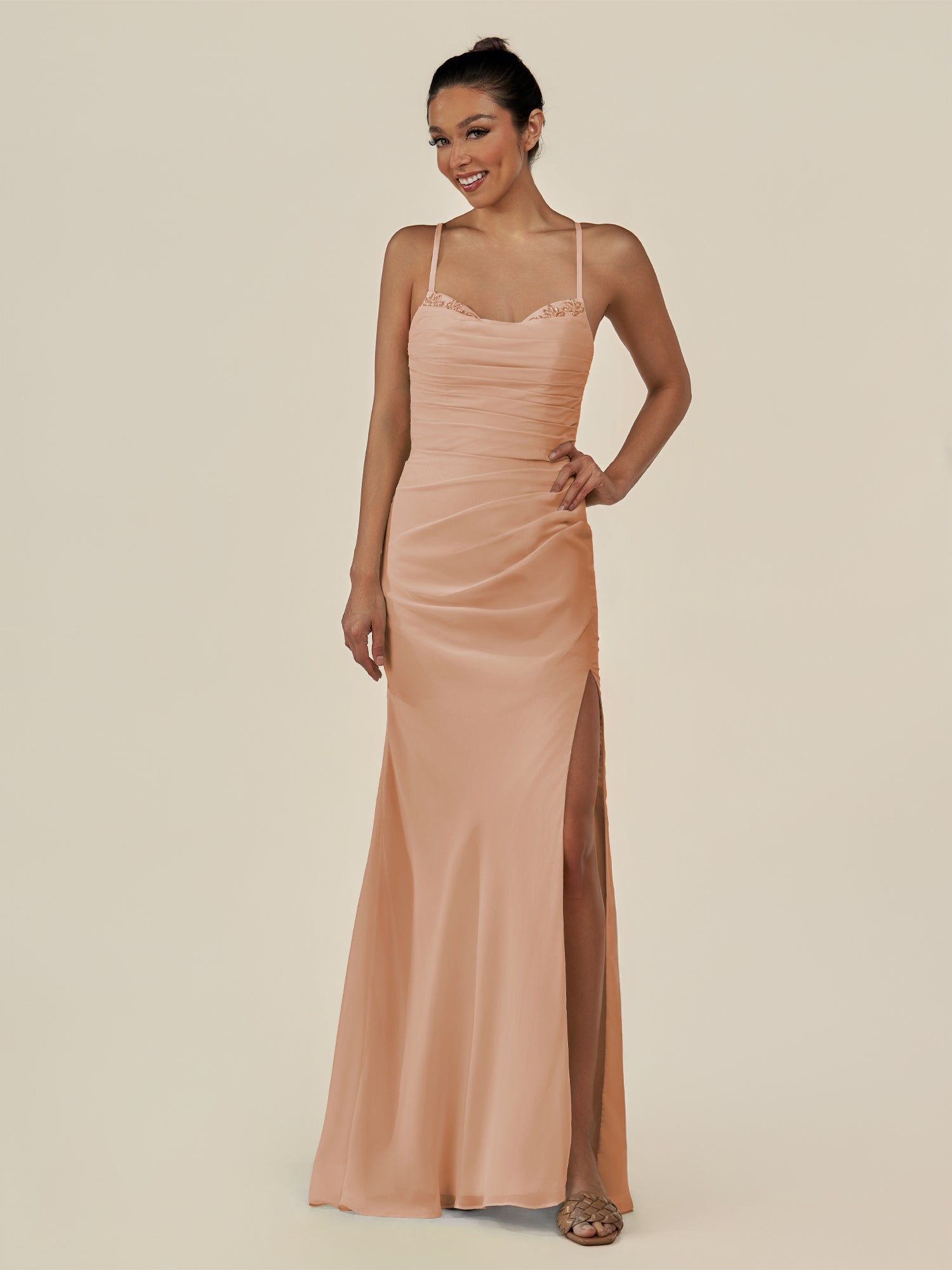 KissDress-Myka Champagne Rose Sheath Chiffon Spaghetti Straps Long Bridesmaid Dress with Sequins
