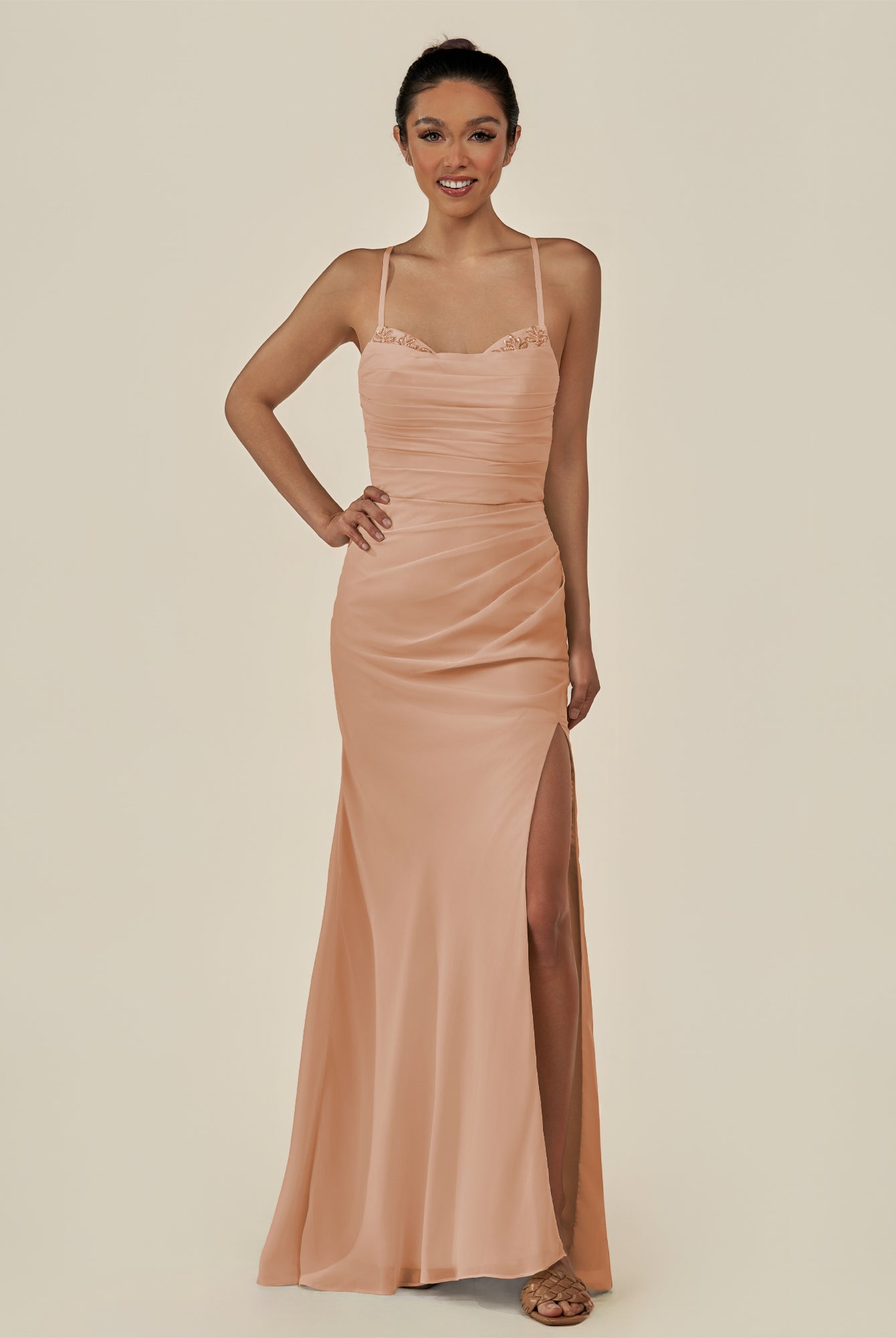 KissDress-Myka Champagne Rose Sheath Chiffon Spaghetti Straps Long Bridesmaid Dress with Sequins