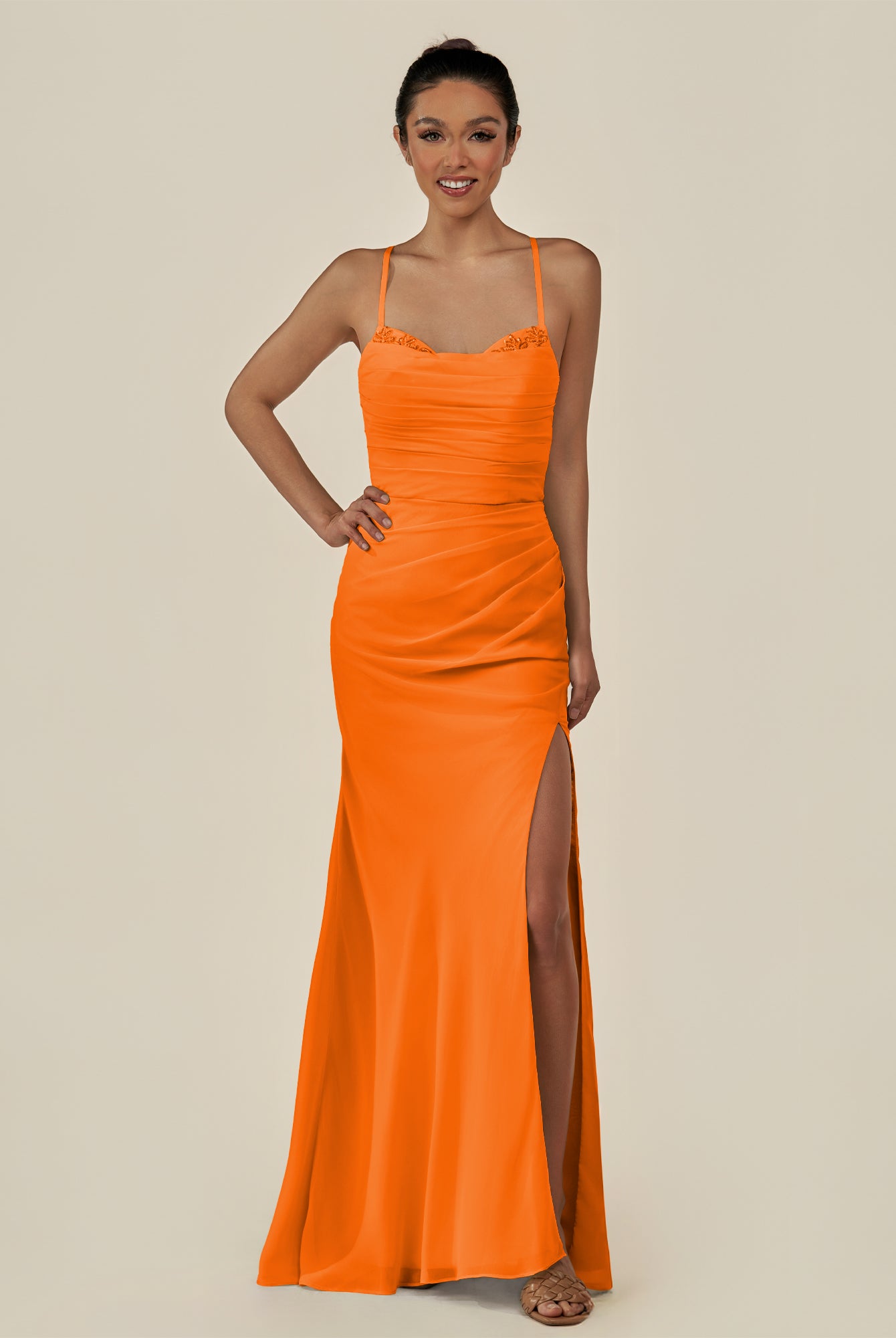 KissDress-Myka Cinnamon Sheath Chiffon Spaghetti Straps Long Bridesmaid Dress with Sequins