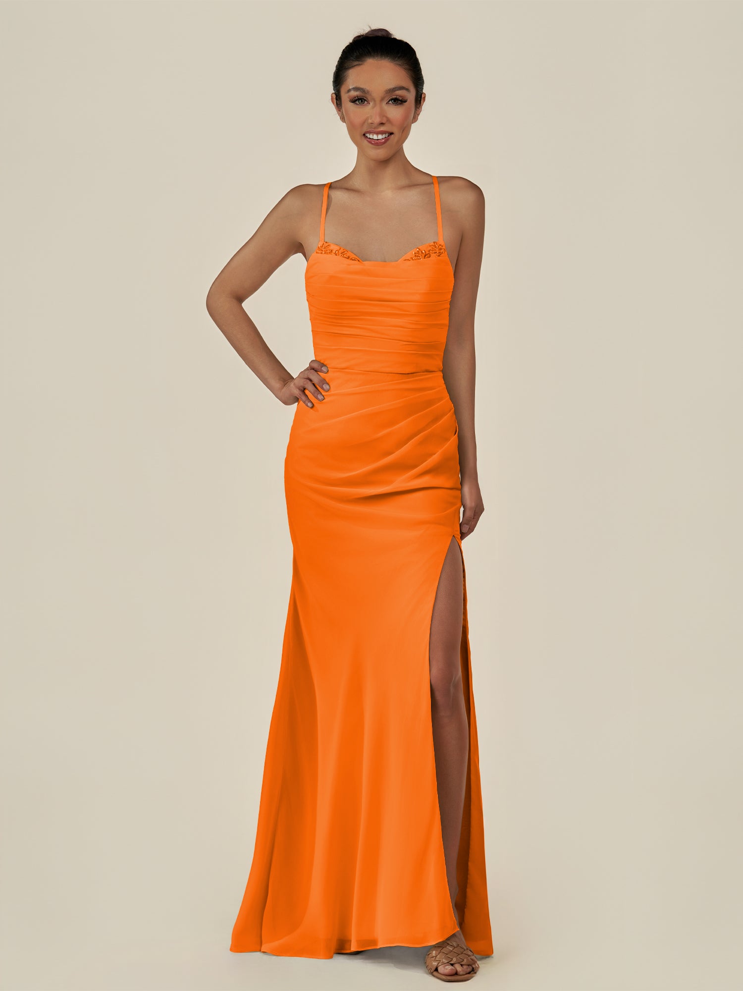 KissDress-Myka Cinnamon Sheath Chiffon Spaghetti Straps Long Bridesmaid Dress with Sequins