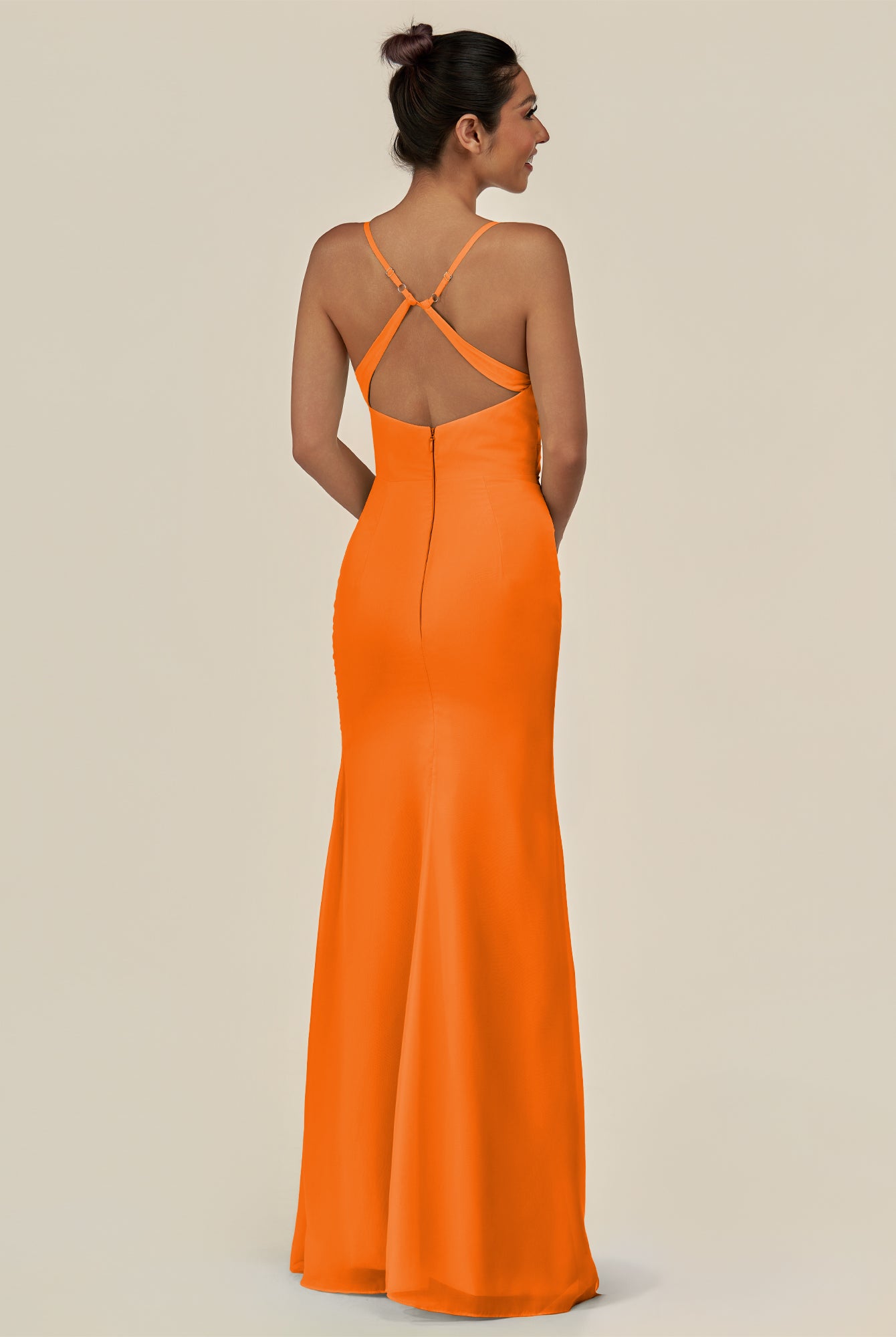 KissDress-Myka Cinnamon Sheath Chiffon Spaghetti Straps Long Bridesmaid Dress with Sequins