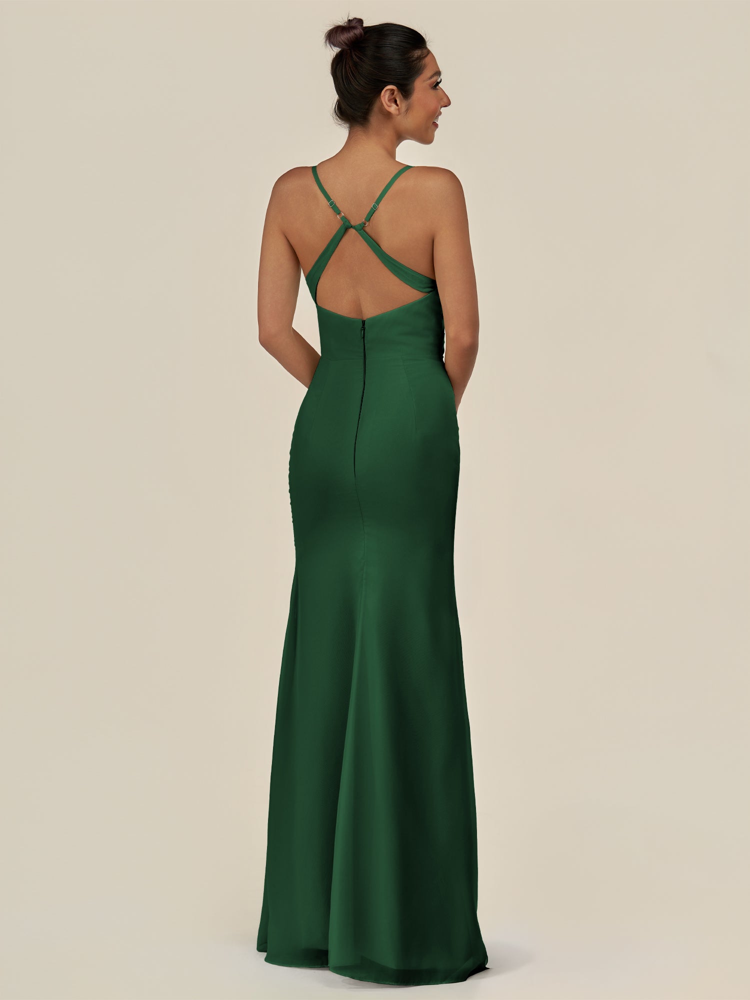 KissDress-Myka Dark Green Sheath Chiffon Spaghetti Straps Long Bridesmaid Dress with Sequins
