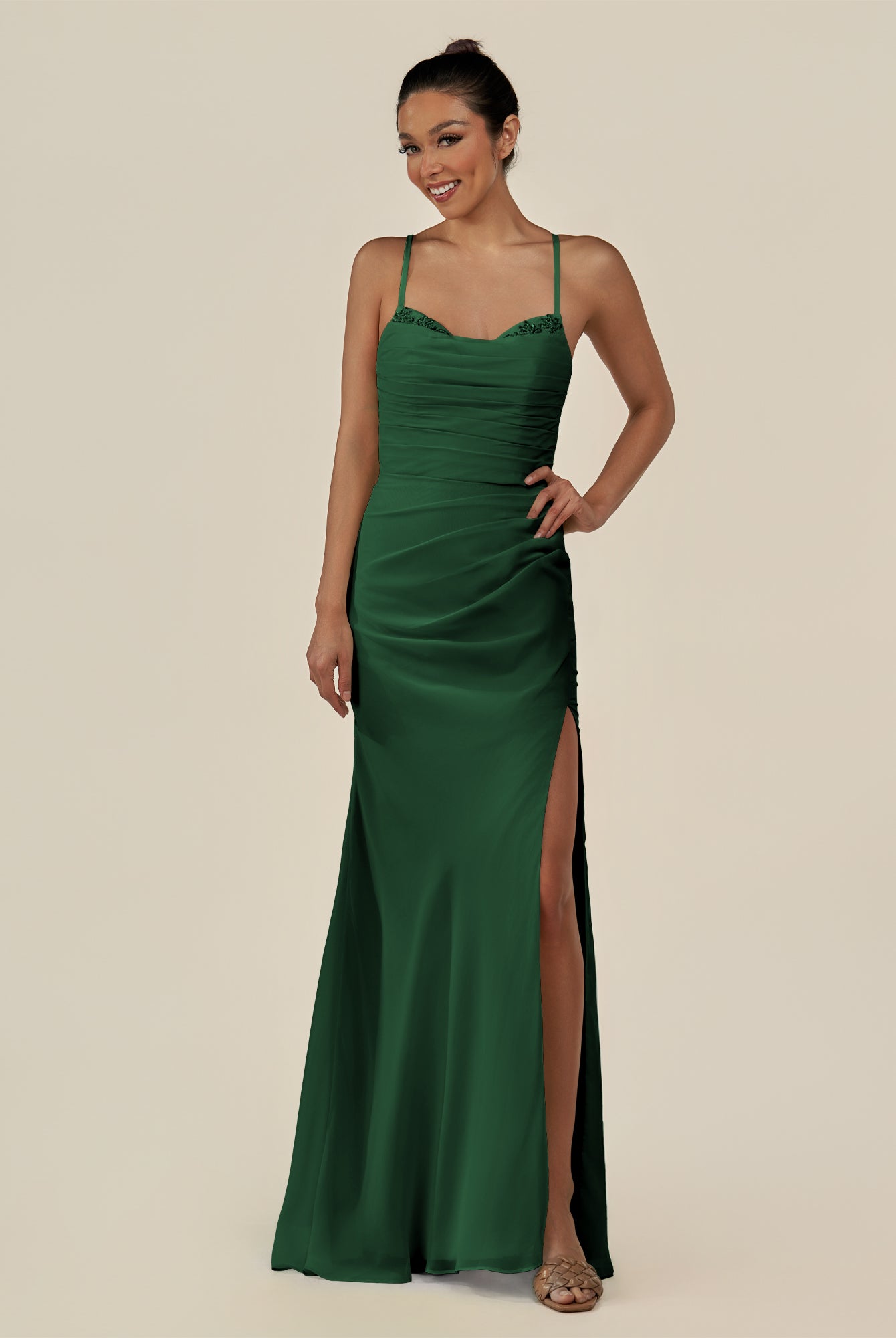 KissDress-Myka Dark Green Sheath Chiffon Spaghetti Straps Long Bridesmaid Dress with Sequins
