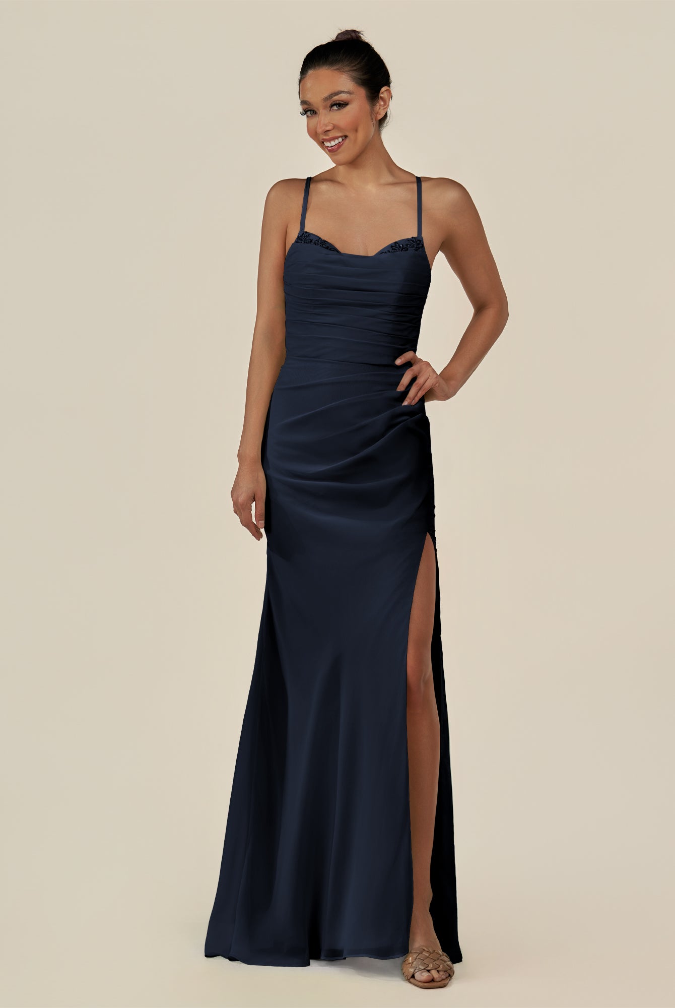 KissDress-Myka Dark Navy Sheath Chiffon Spaghetti Straps Long Bridesmaid Dress with Sequins