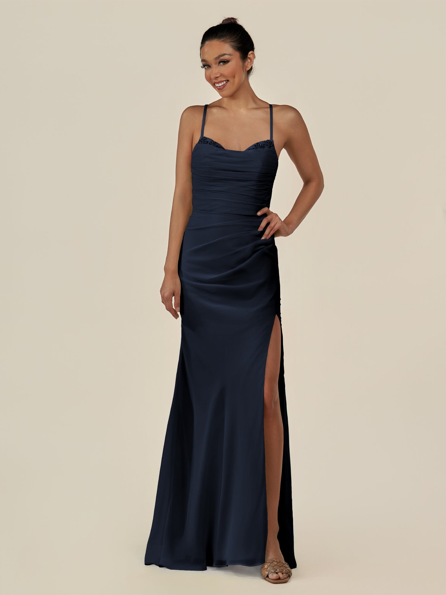 KissDress-Myka Dark Navy Sheath Chiffon Spaghetti Straps Long Bridesmaid Dress with Sequins
