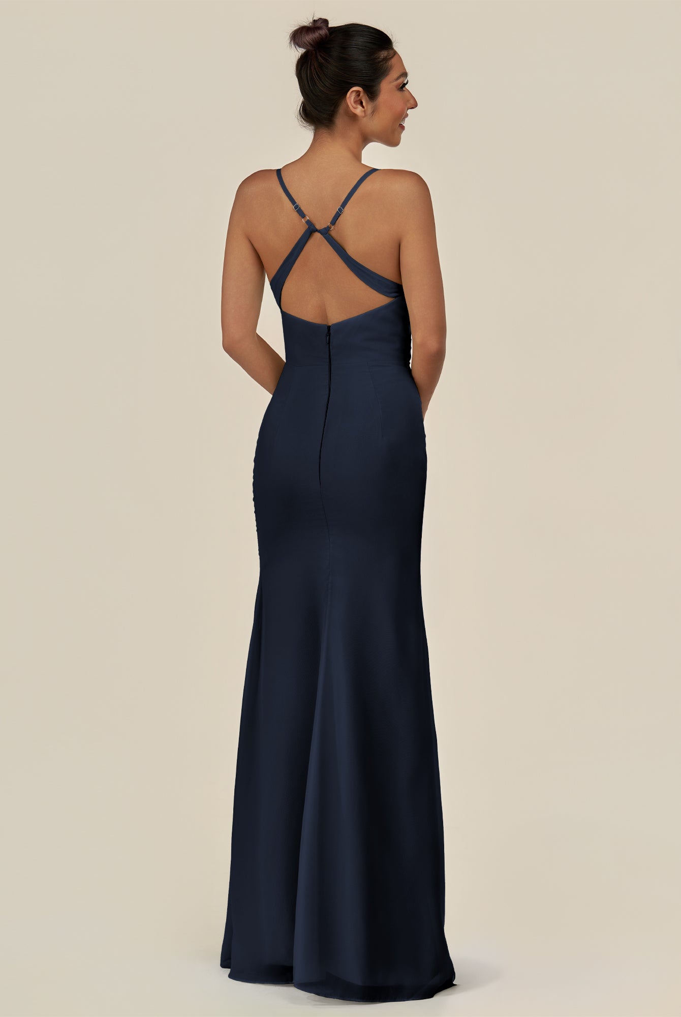 KissDress-Myka Dark Navy Sheath Chiffon Spaghetti Straps Long Bridesmaid Dress with Sequins