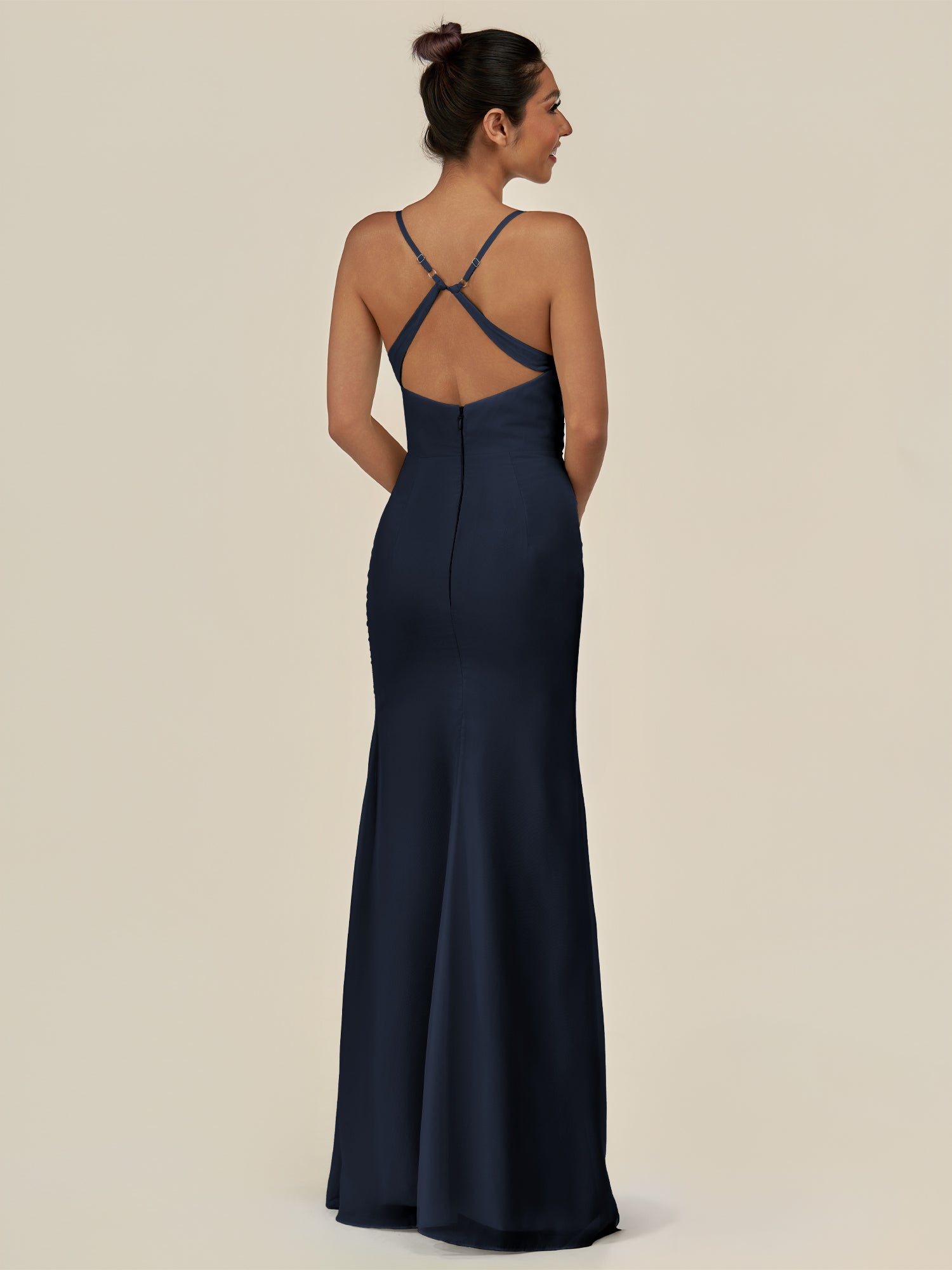 KissDress-Myka Dark Navy Sheath Chiffon Spaghetti Straps Long Bridesmaid Dress with Sequins
