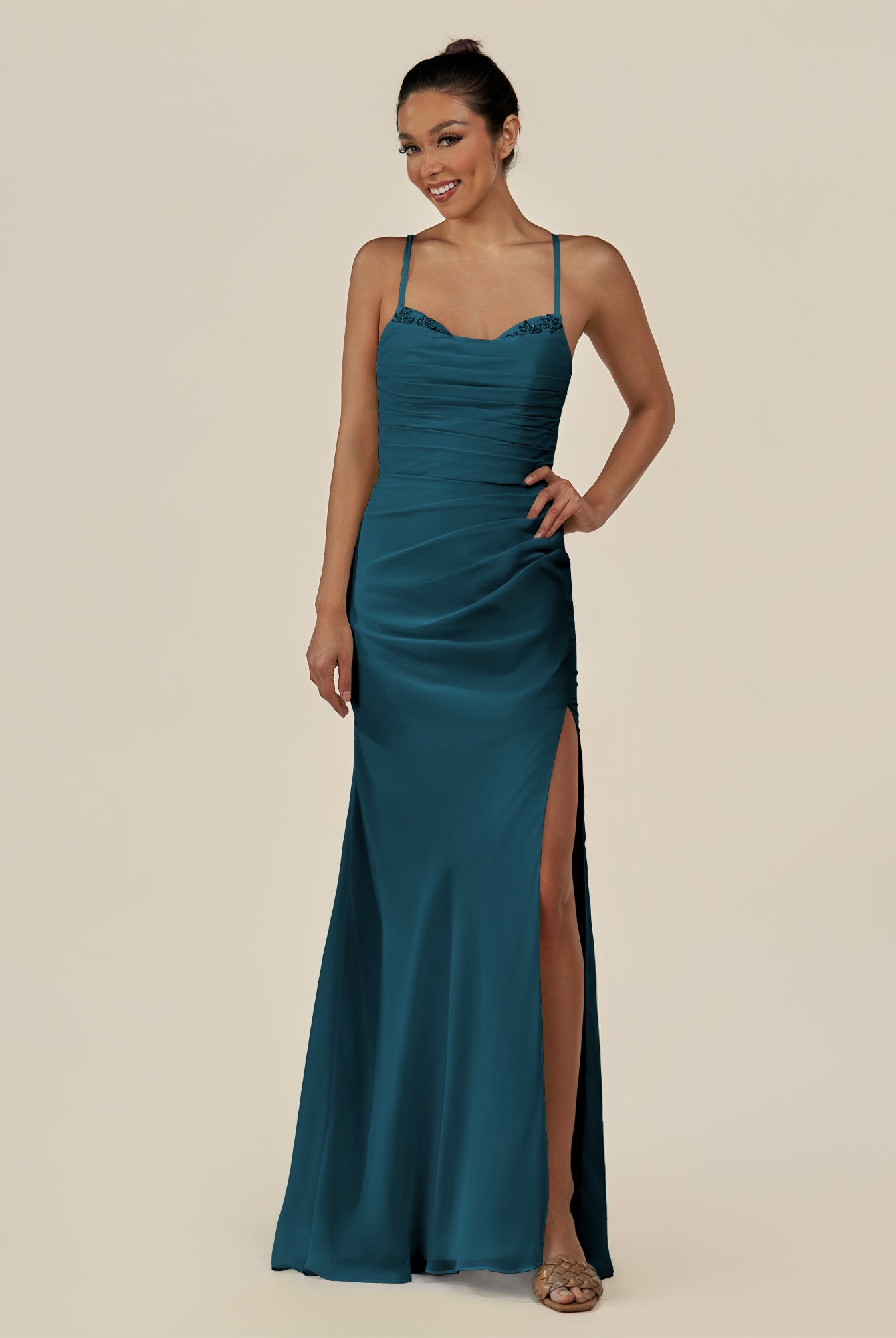 KissDress-Myka Dark Teal Sheath Chiffon Spaghetti Straps Long Bridesmaid Dress with Sequins