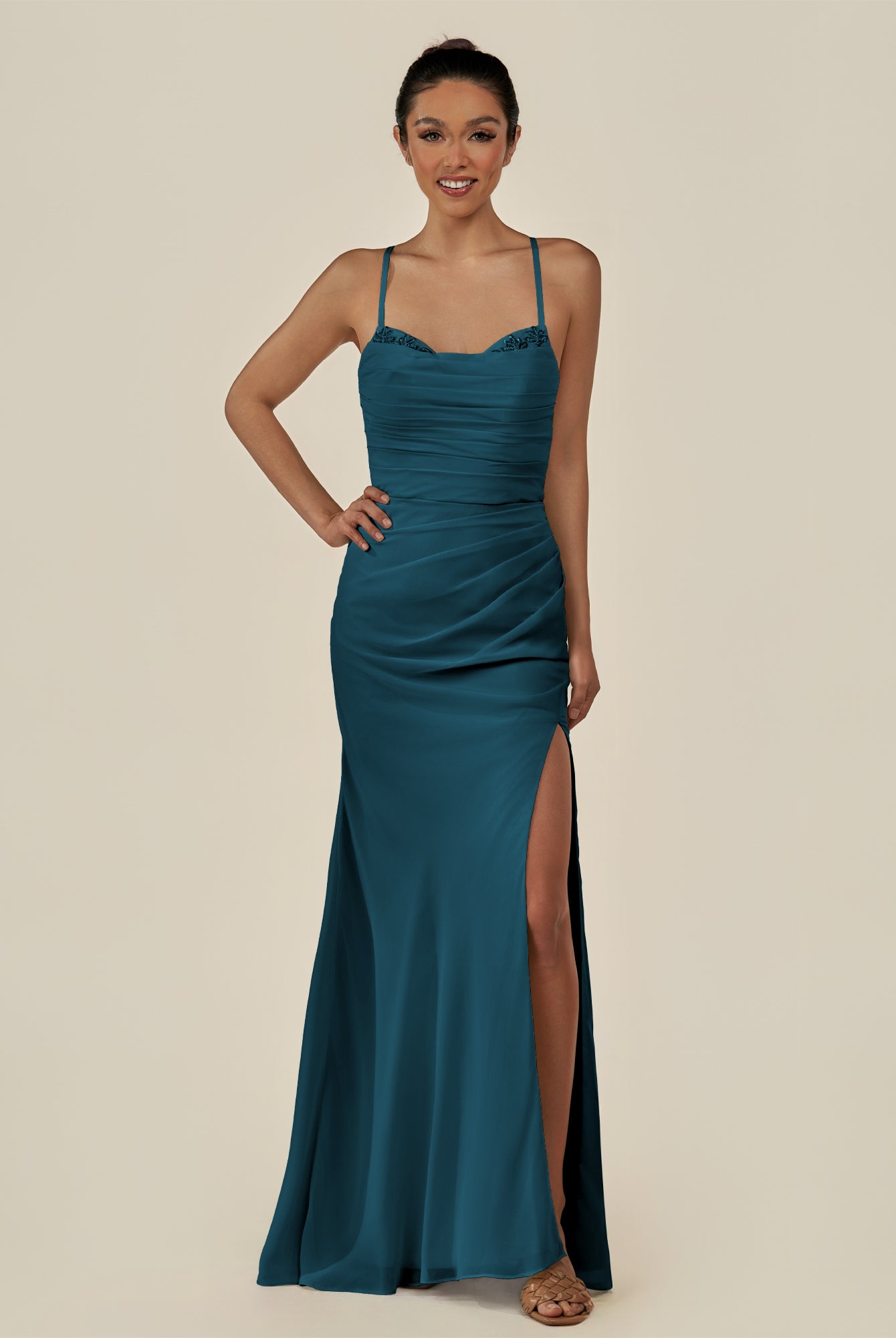 KissDress-Myka Dark Teal Sheath Chiffon Spaghetti Straps Long Bridesmaid Dress with Sequins