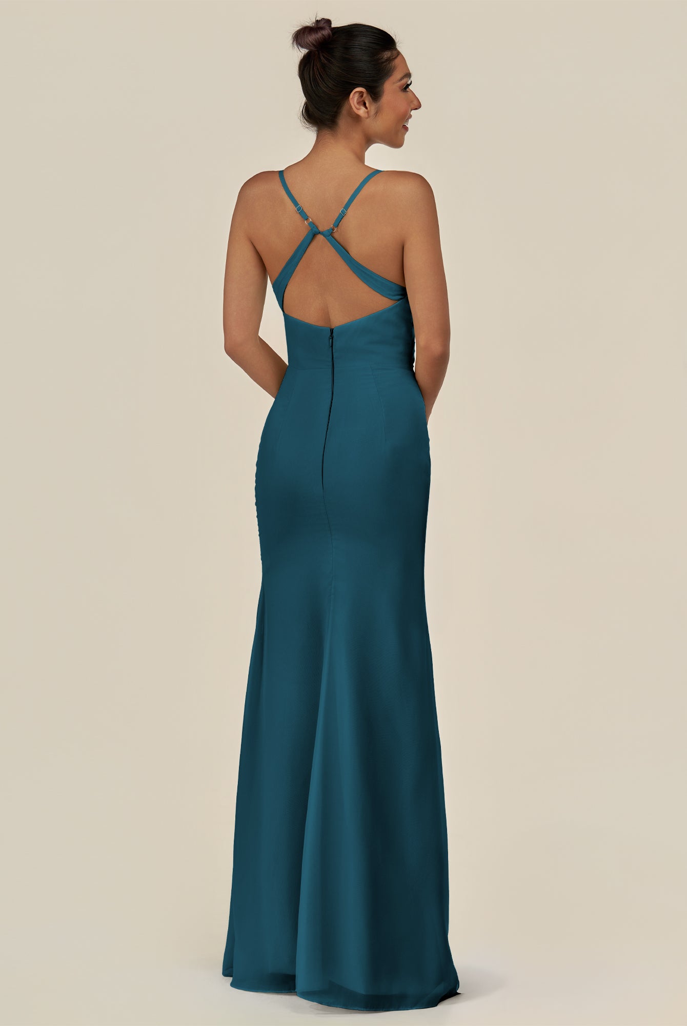 KissDress-Myka Dark Teal Sheath Chiffon Spaghetti Straps Long Bridesmaid Dress with Sequins