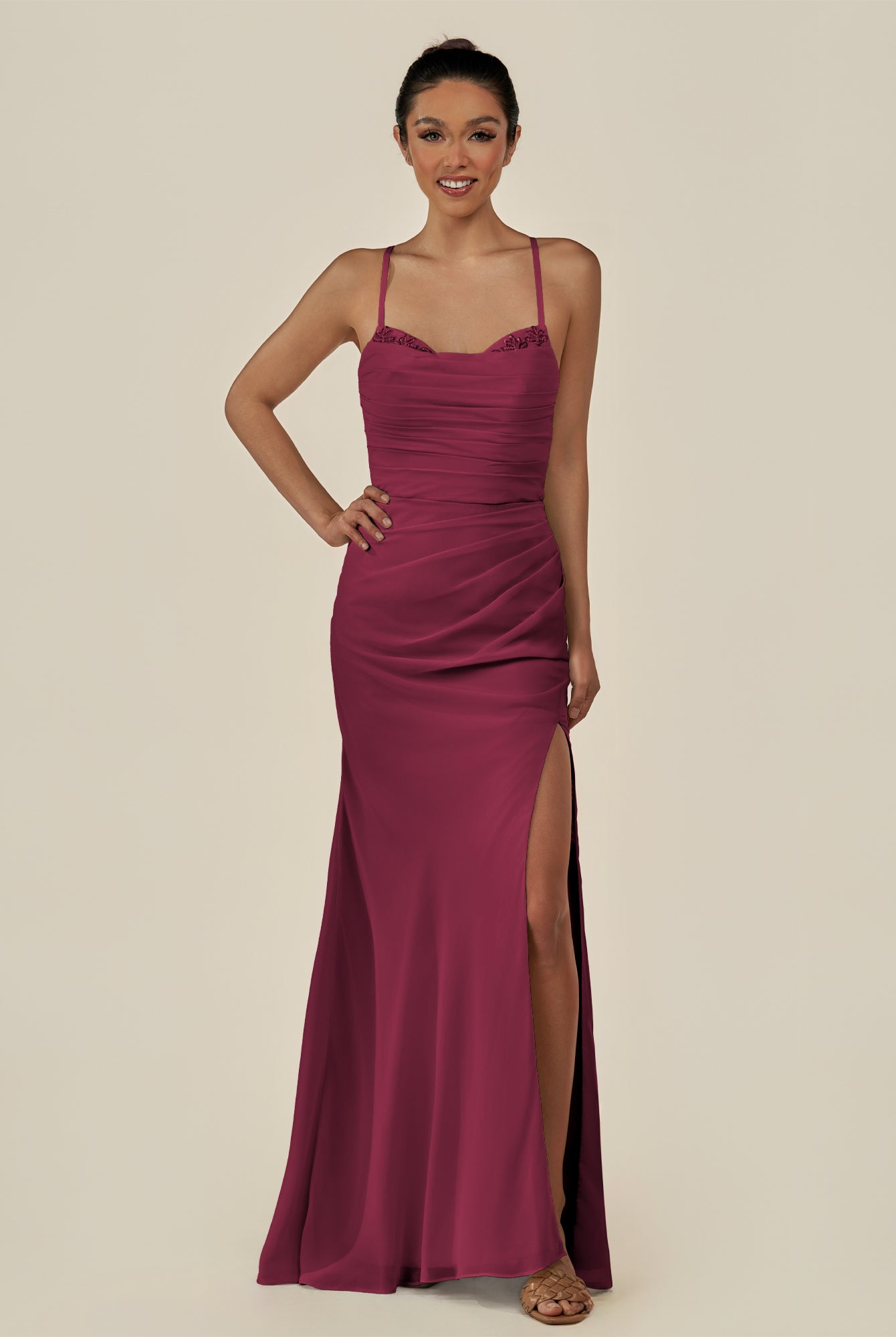 KissDress-Myka Desert Rose Sheath Chiffon Spaghetti Straps Long Bridesmaid Dress with Sequins