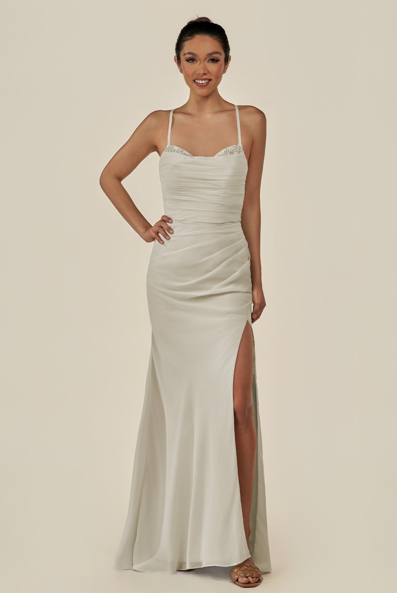KissDress-Myka Dove Gray Sheath Chiffon Spaghetti Straps Long Bridesmaid Dress with Sequins