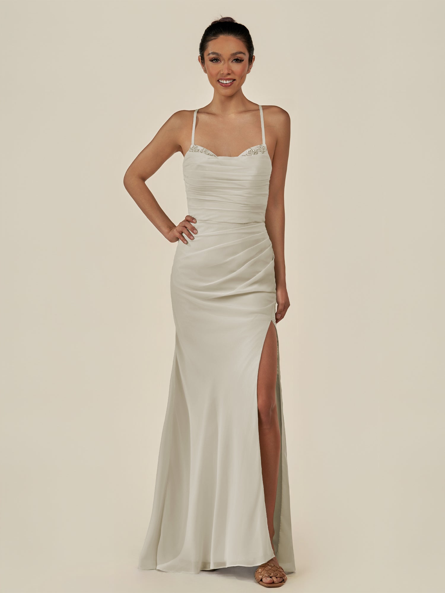 KissDress-Myka Dove Gray Sheath Chiffon Spaghetti Straps Long Bridesmaid Dress with Sequins